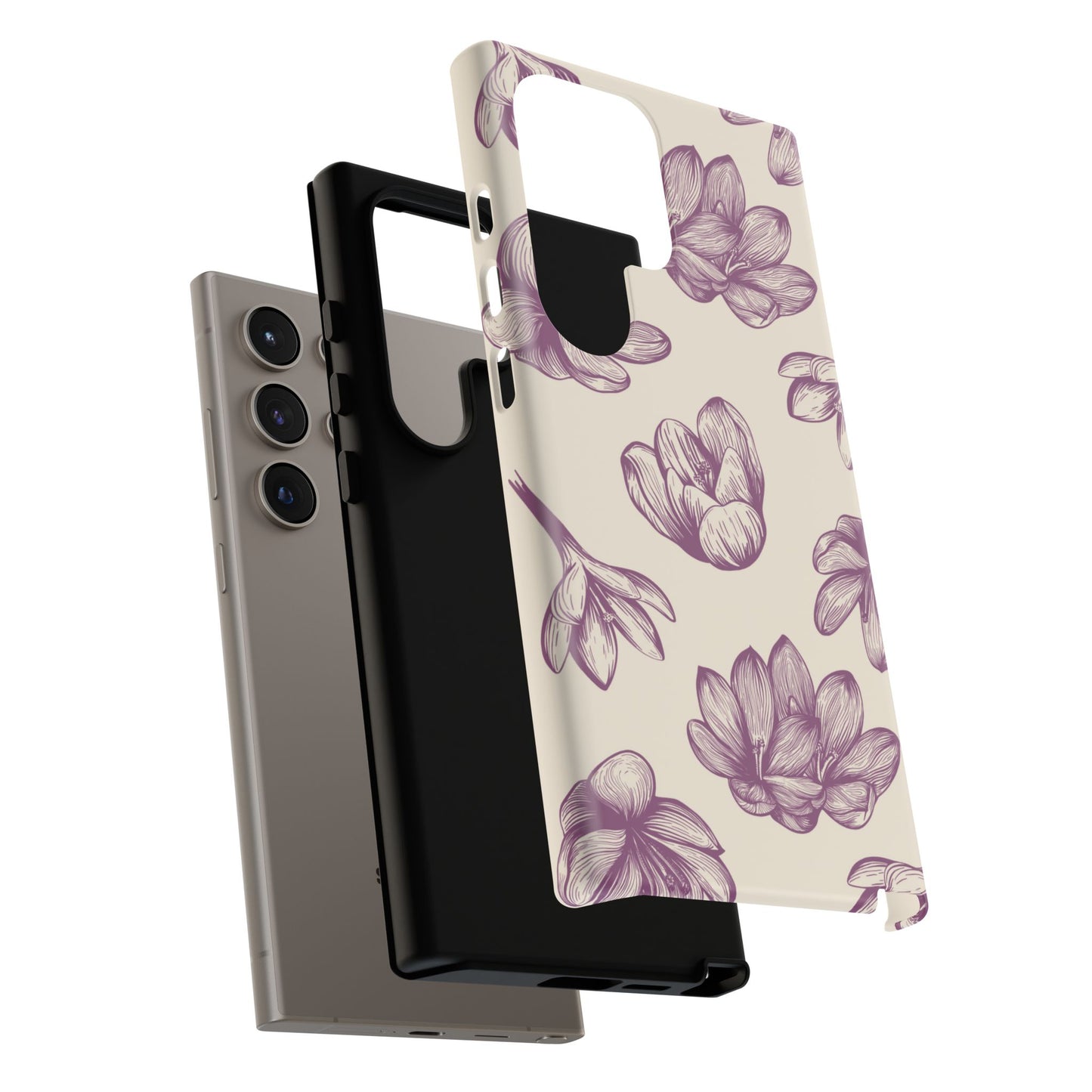 Vintage Botanical Floral Tough Samsung Galaxy  Case – Hand-Drawn Purple Flowers, Shockproof Design