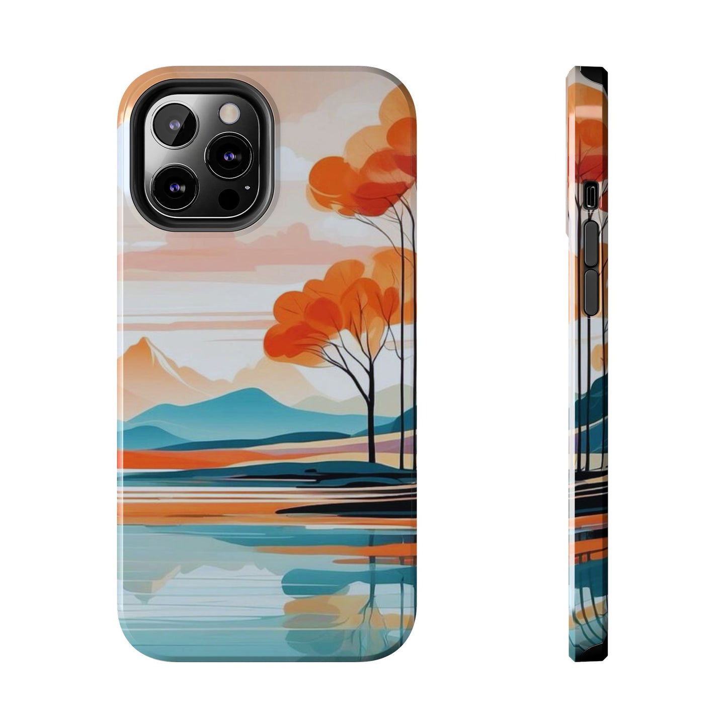 Serene Sunset Lake iPhone Case – Minimalist Landscape Art, Dual-Layer Protection