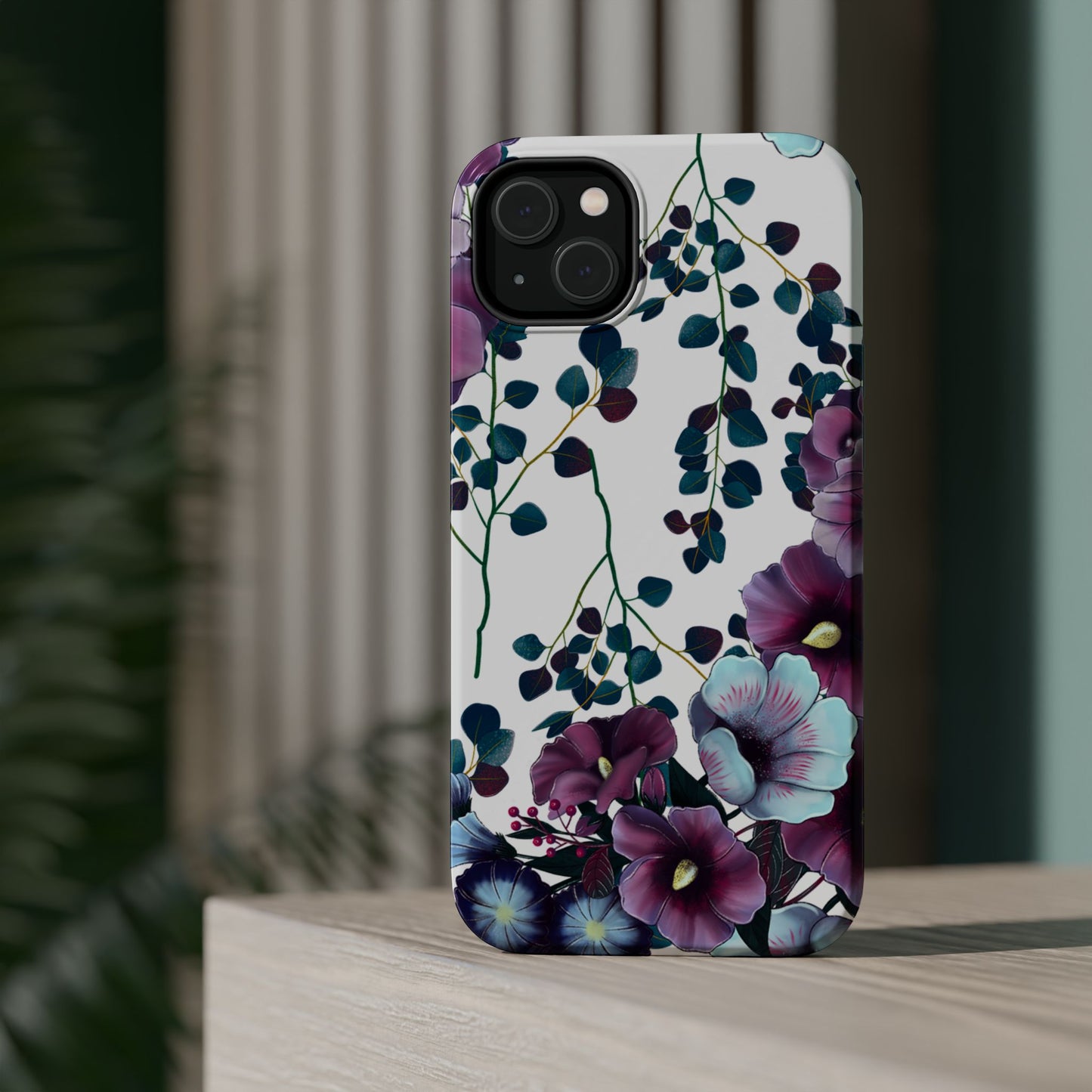 Moody Purple & Teal Floral MagSafe iPhone Series Case – Elegant Botanical Design