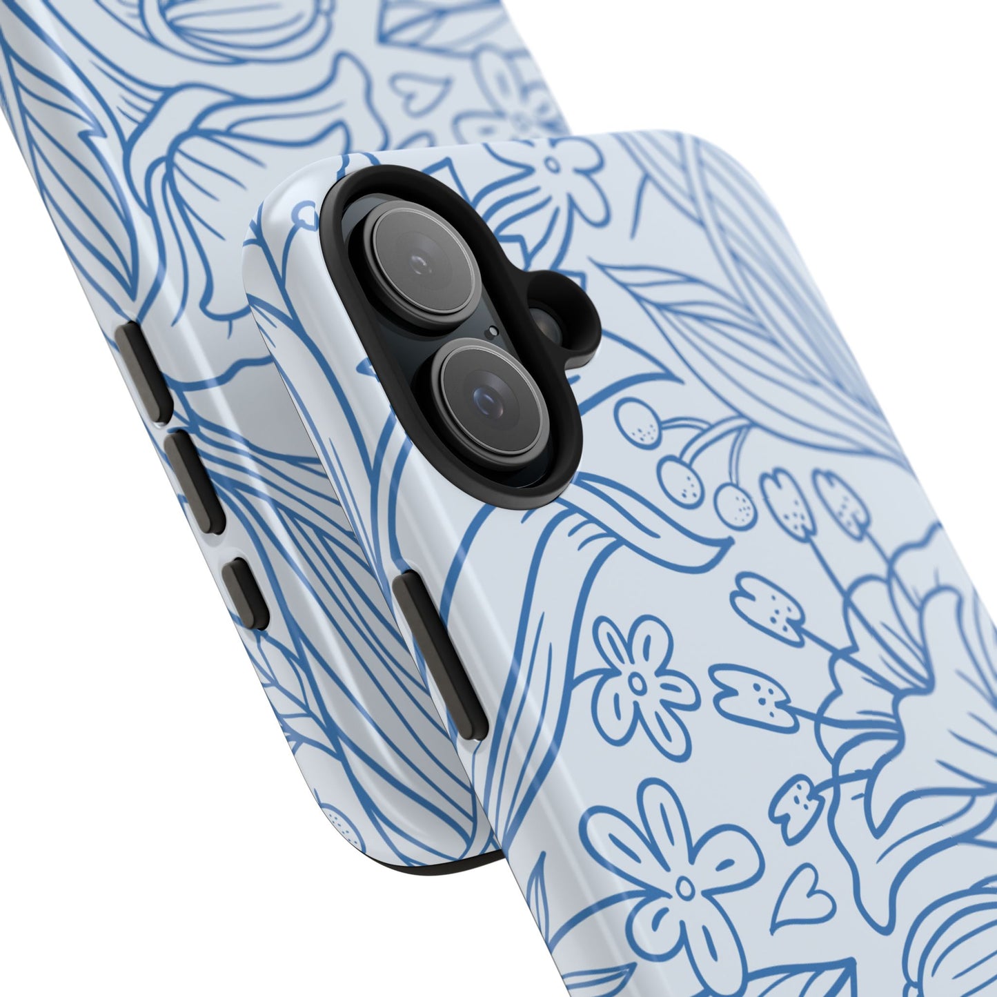 Dusty Blue Floral Line Art Tough iPhone Case – Minimalist Botanical Design with Dual-Layer Protection