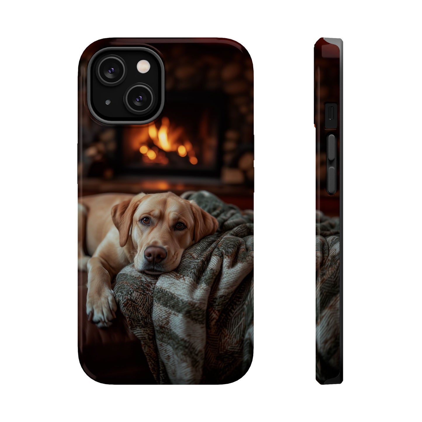 Cozy Labrador by Fireplace MagSafe iPhone Case – Rustic Cabin Protective Cover