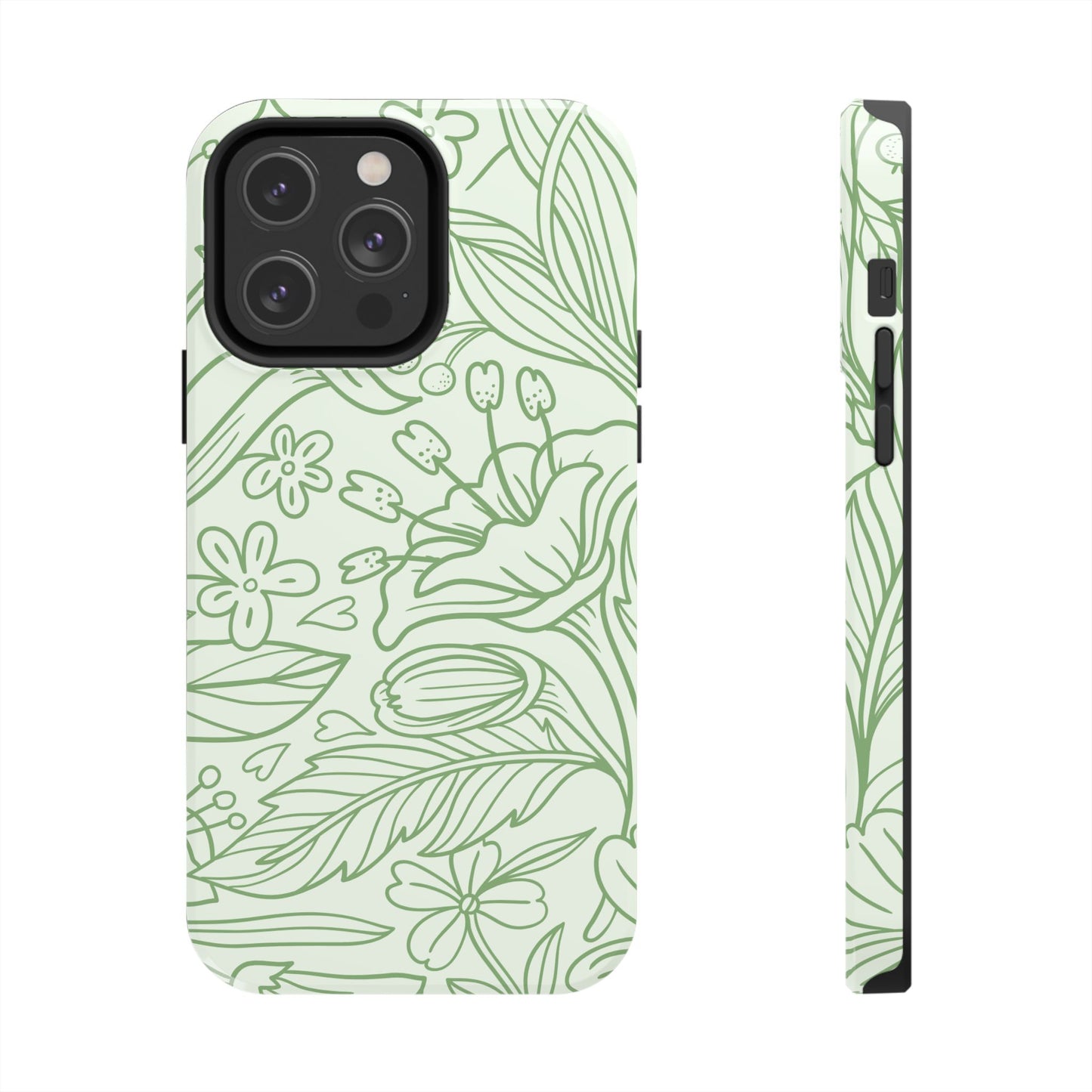 Sage Green Floral Line Art Tough iPhone Case – Minimalist Botanical Design with Dual-Layer Protection