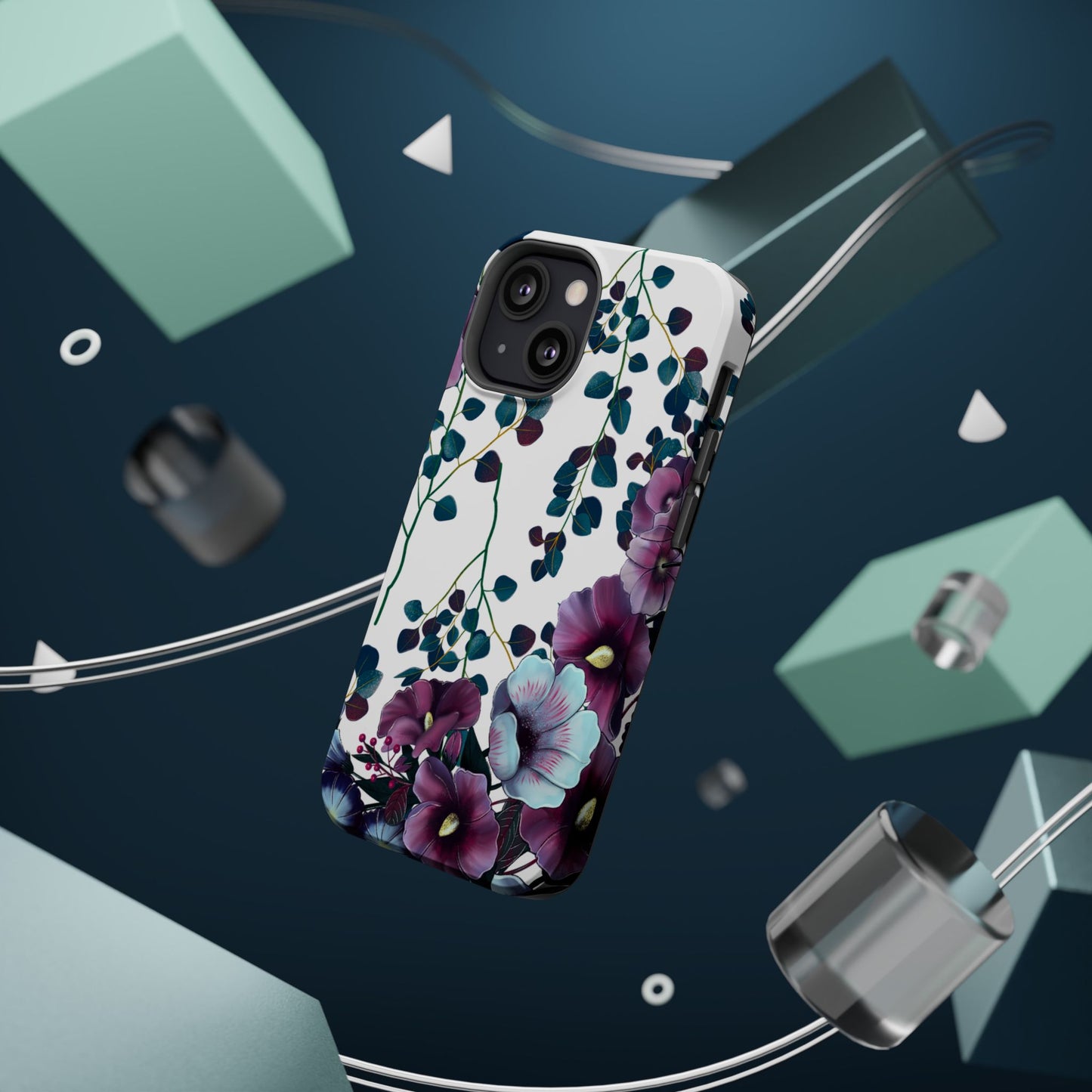 Moody Purple & Teal Floral MagSafe iPhone Series Case – Elegant Botanical Design