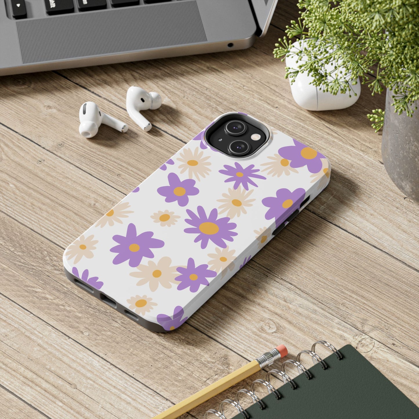 Retro Daisy Flower iPhone Case – Pastel Purple & Cream Floral Design with Matte Finish
