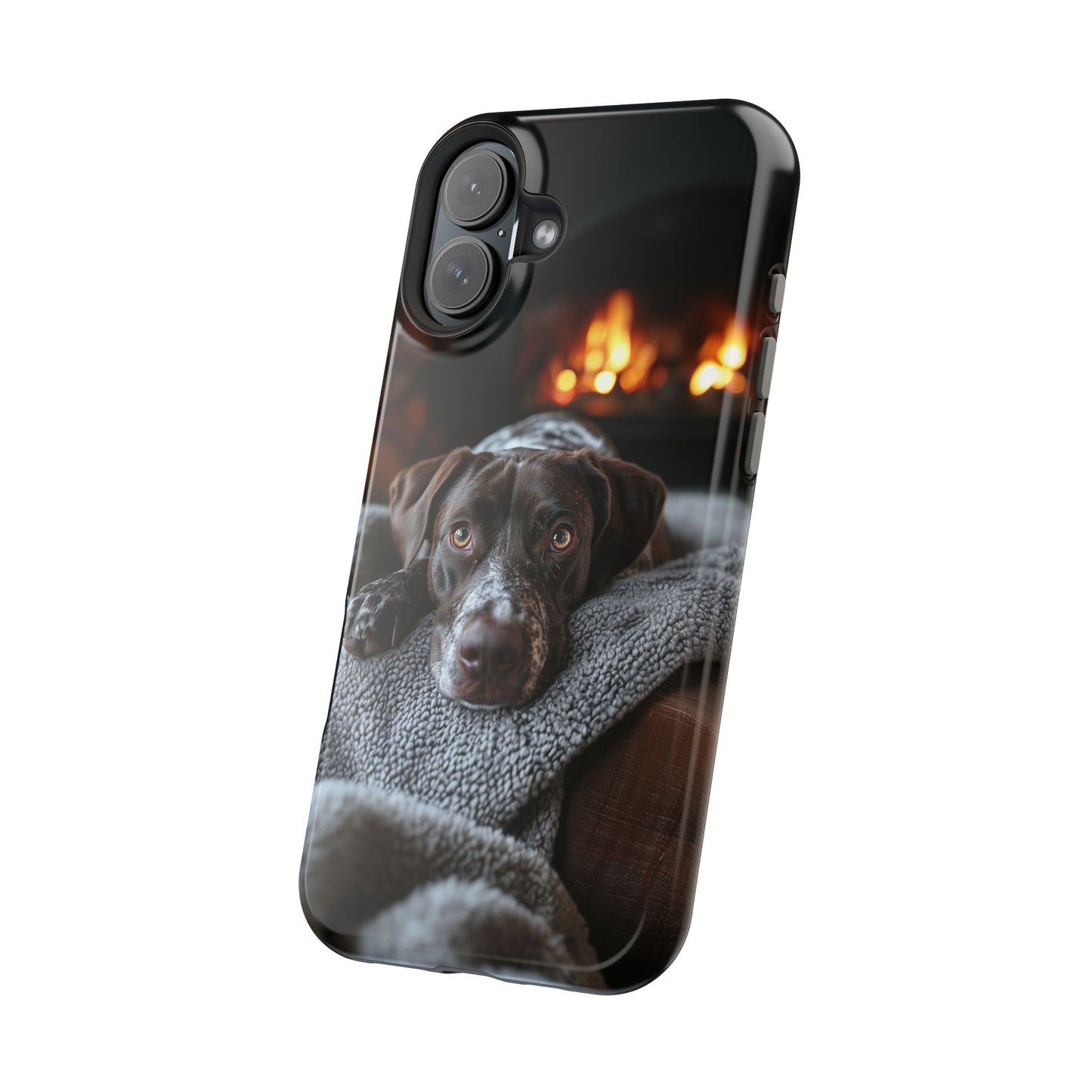 Cozy German Shorthaired Pointer MagSafe iPhone Case – Rustic Fireplace Protective Cover