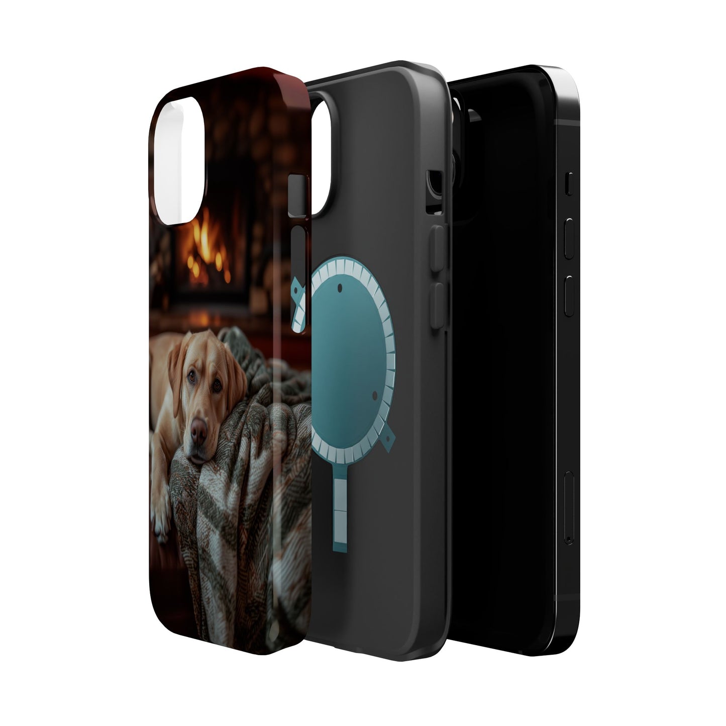Cozy Labrador by Fireplace MagSafe iPhone Case – Rustic Cabin Protective Cover