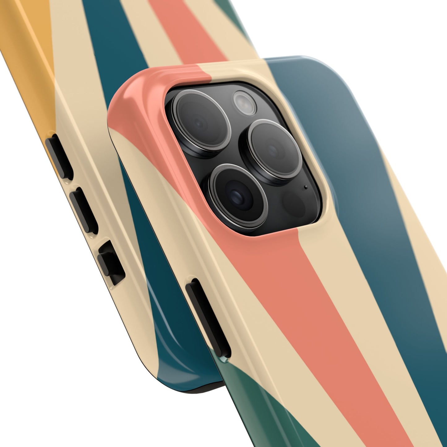 Retro Sunbeam iPhone Case – 70s-Inspired Radiating Stripes in Coral, Teal, and Mustard