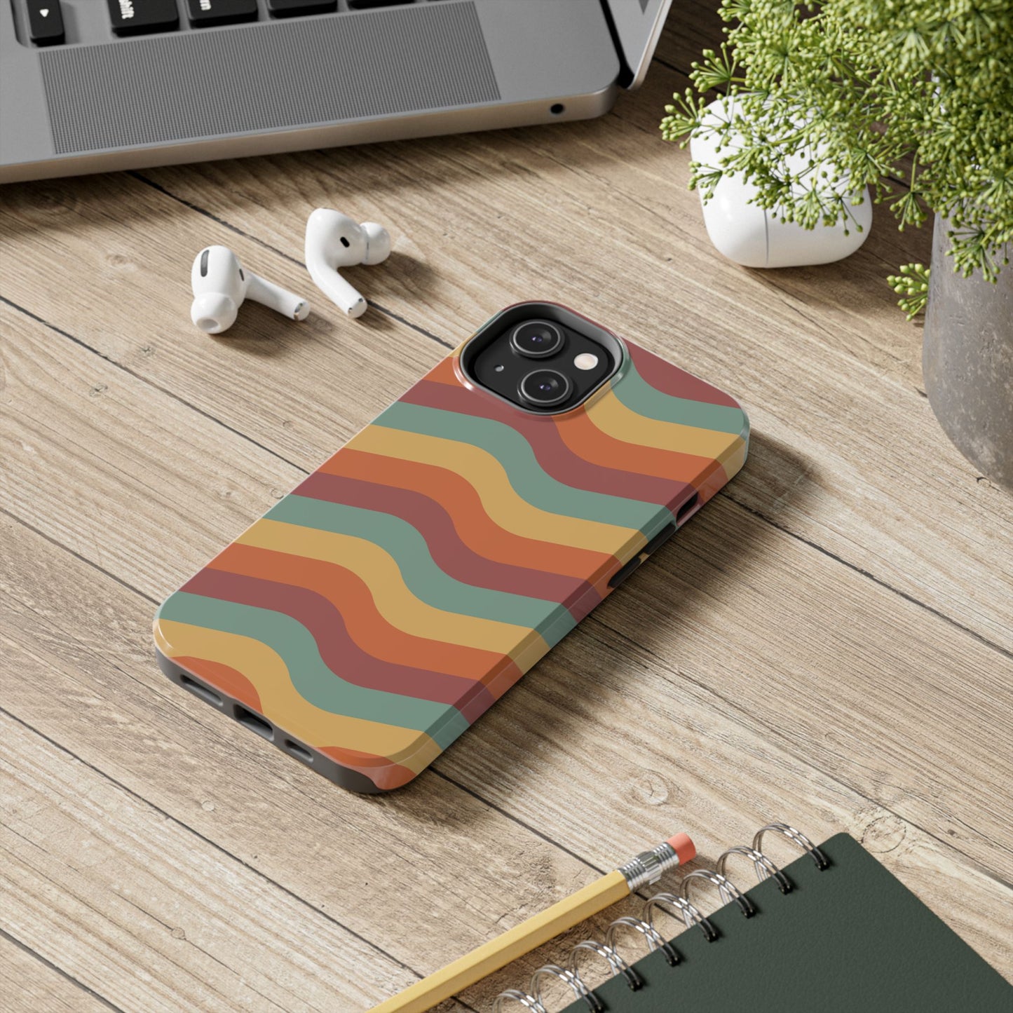 Retro Vibe Wavy Stripes iPhone Case – 70s-Inspired in Teal, Orange, and Rust