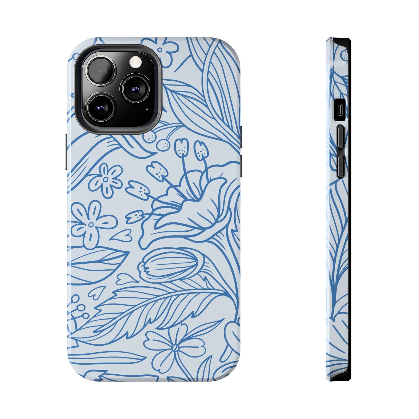 Dusty Blue Floral Line Art Tough iPhone Case – Minimalist Botanical Design with Dual-Layer Protection