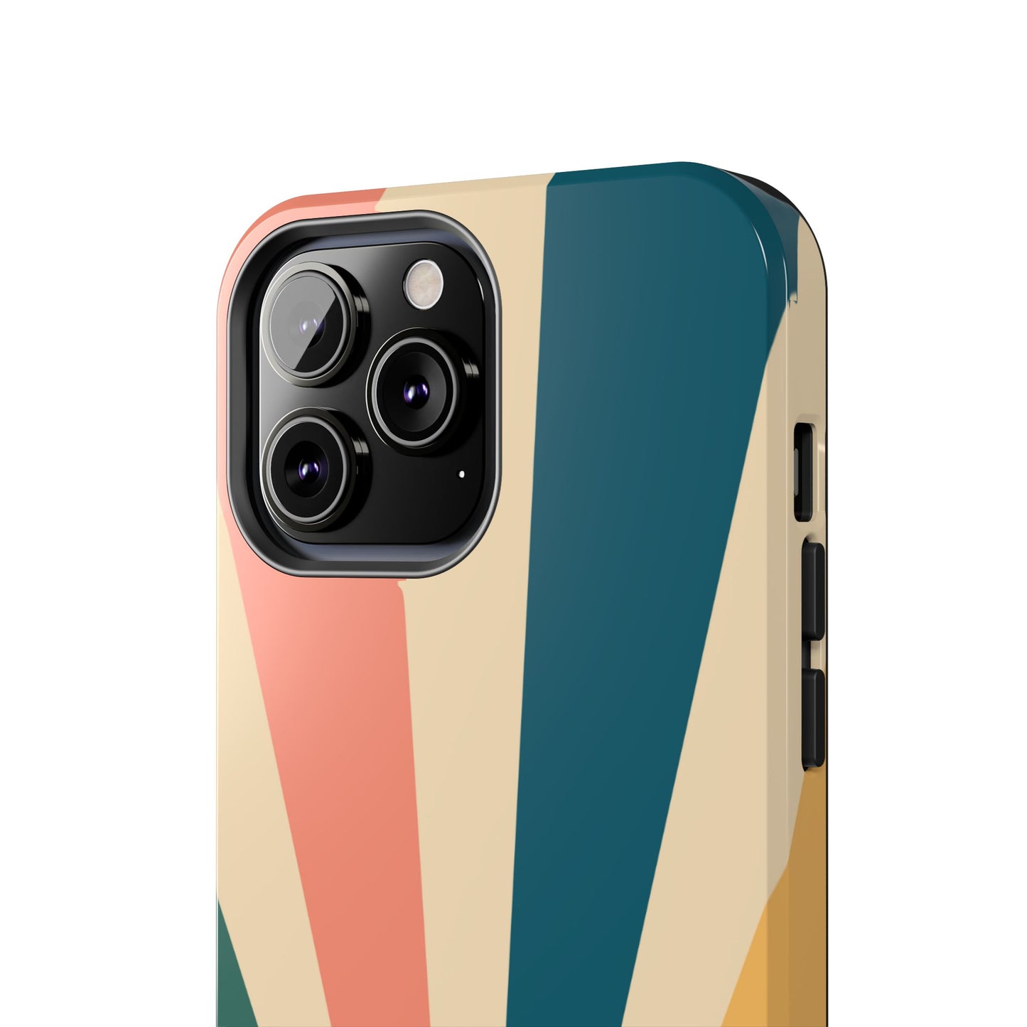 Retro Sunbeam iPhone Case – 70s-Inspired Radiating Stripes in Coral, Teal, and Mustard