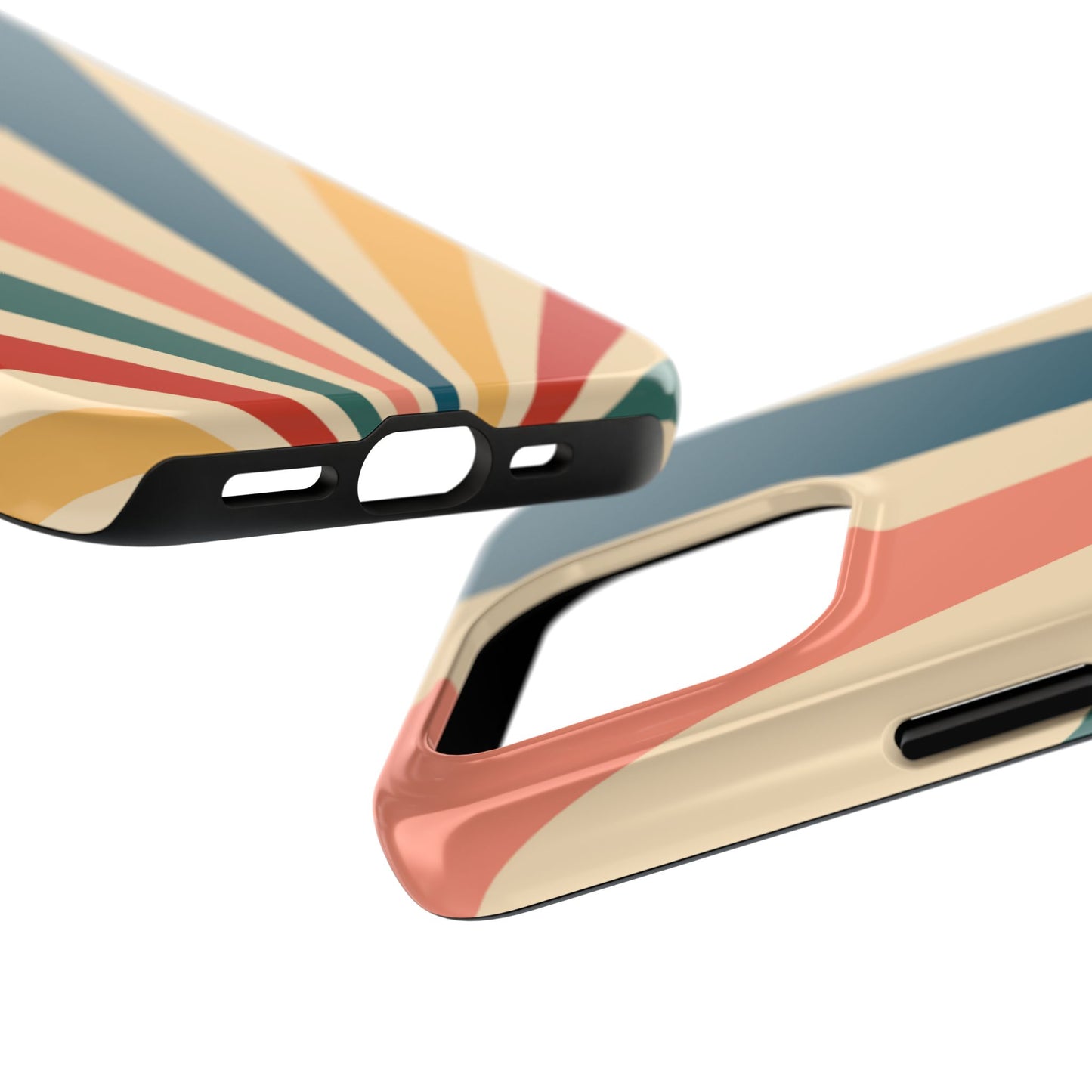 Retro Sunbeam iPhone Case – 70s-Inspired Radiating Stripes in Coral, Teal, and Mustard