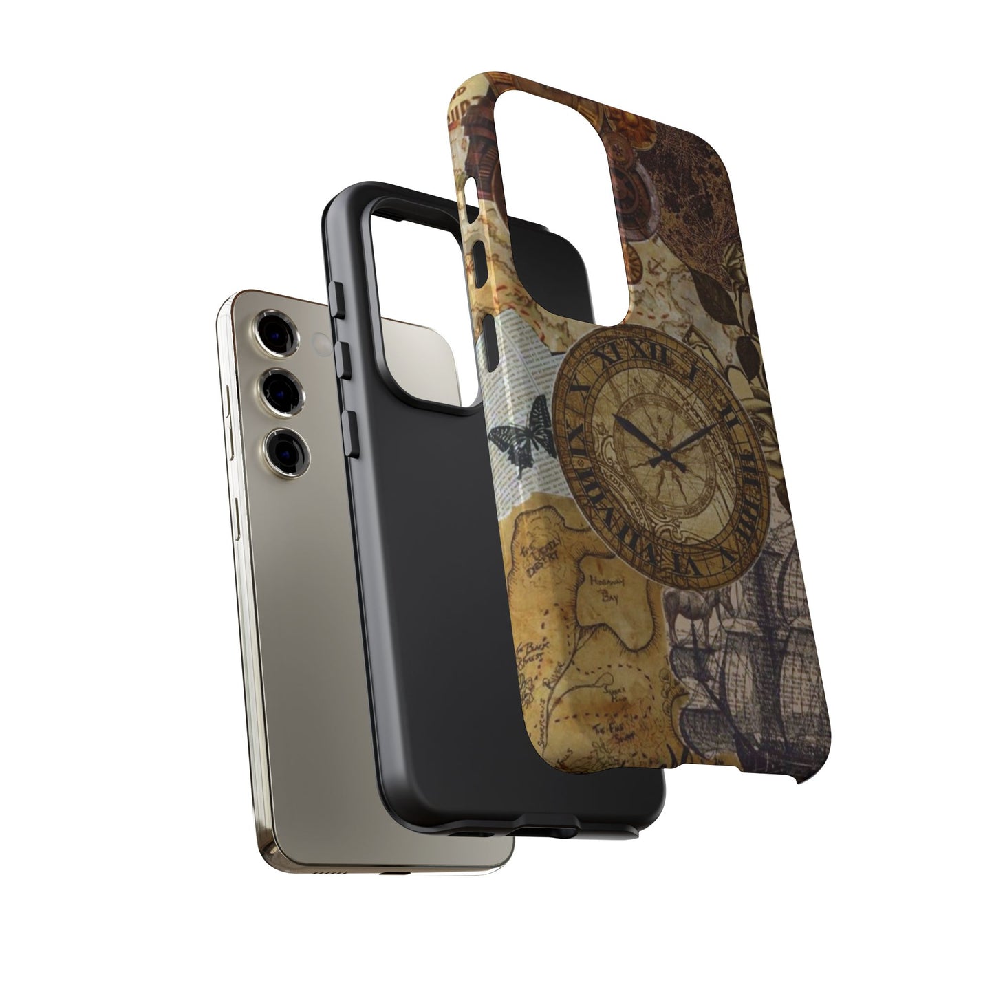Steampunk Vintage Adventure Samsung Galaxy Case – Dual-Layer Protection with Antique Map and Clock Design
