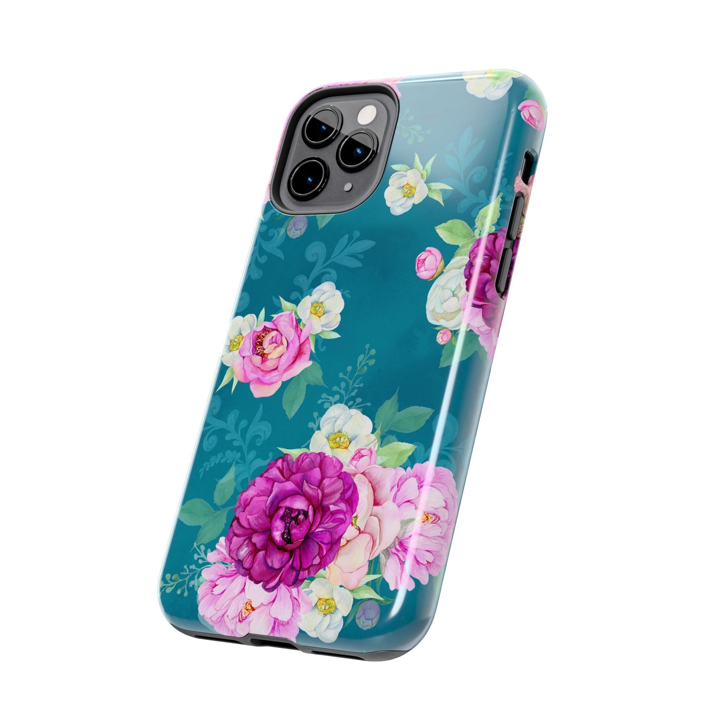 Elegant Peony Bouquet iPhone Case – Deep Teal Background with Romantic Floral Design