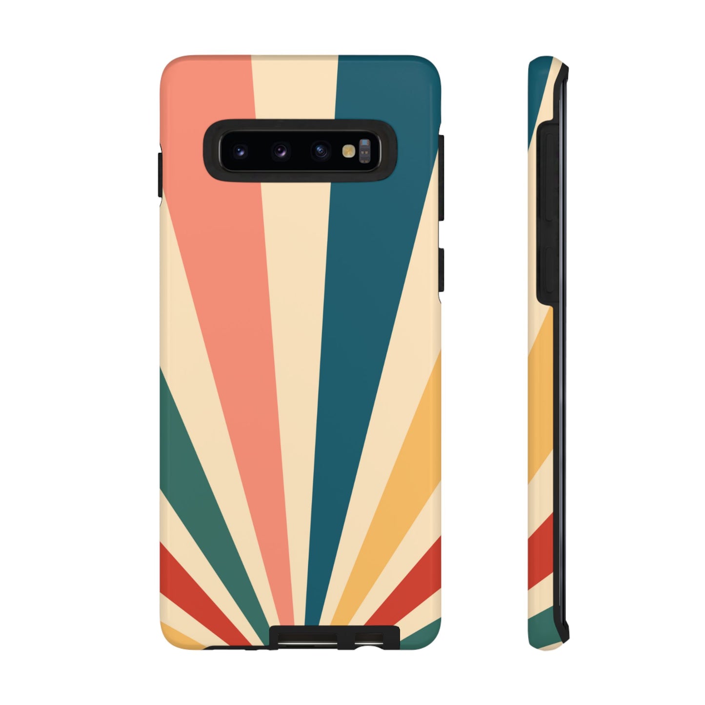 Retro Sunbeam Samsung Galaxy Case – 70s-Inspired Radiating Stripes in Coral, Teal, and Mustard