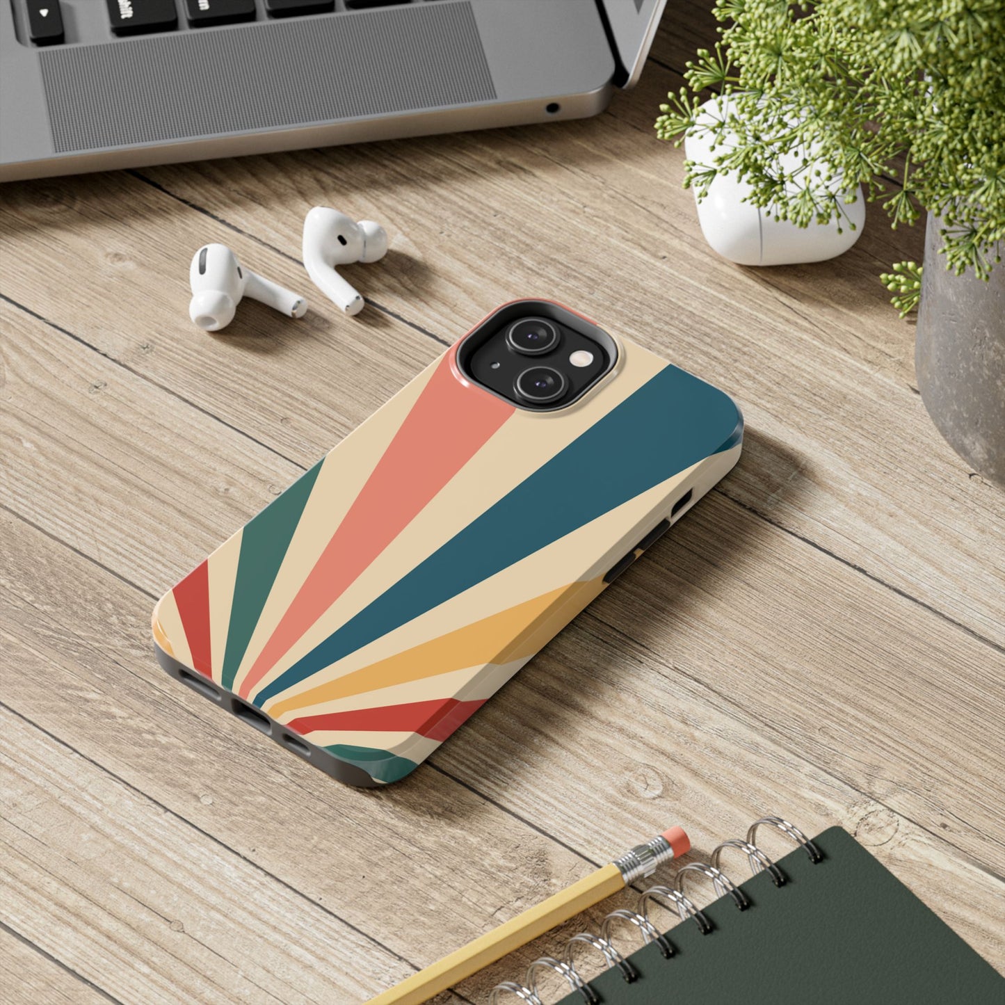 Retro Sunbeam iPhone Case – 70s-Inspired Radiating Stripes in Coral, Teal, and Mustard