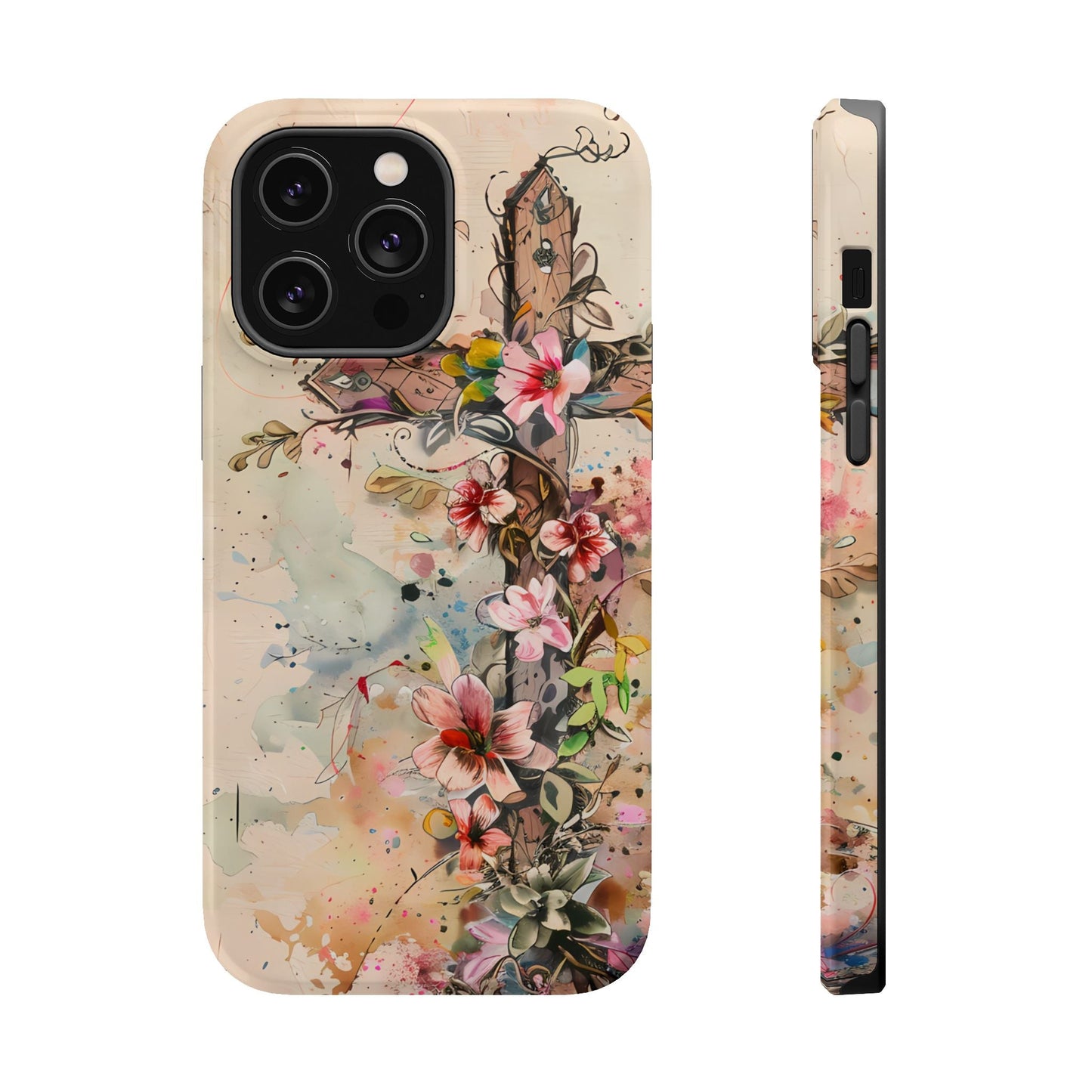 Floral Cross Watercolor - MagSafe iPhone Case, Christian Art & Wireless Charging Compatible - BOGO Cases