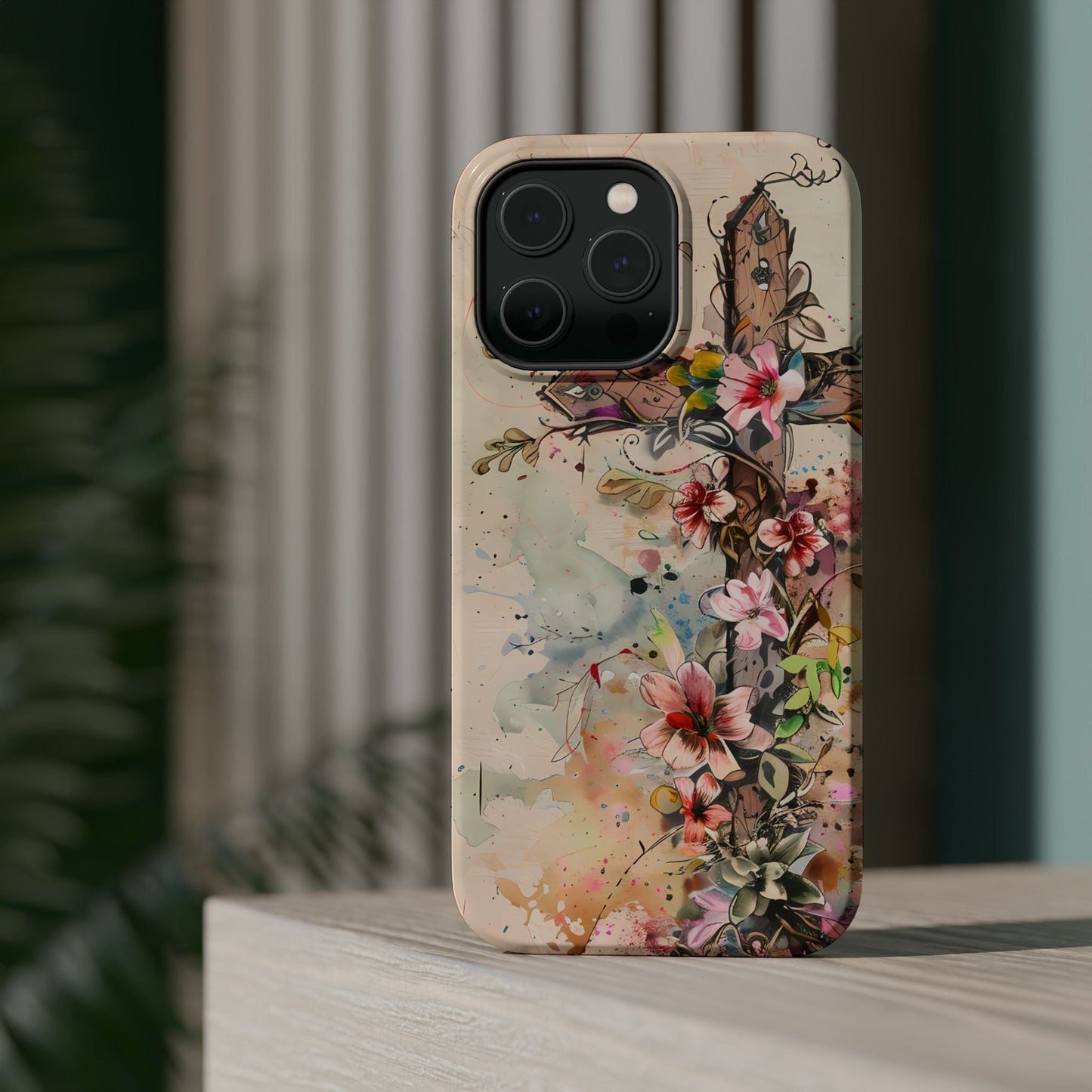 Floral Cross Watercolor - MagSafe iPhone Case, Christian Art & Wireless Charging Compatible - BOGO Cases