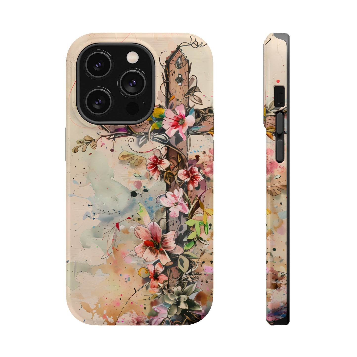 Floral Cross Watercolor - MagSafe iPhone Case, Christian Art & Wireless Charging Compatible - BOGO Cases