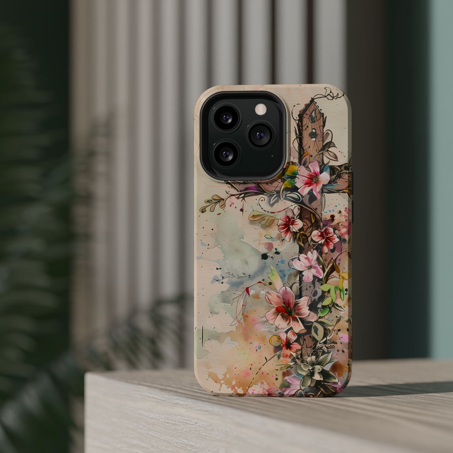 Floral Cross Watercolor - MagSafe iPhone Case, Christian Art & Wireless Charging Compatible - BOGO Cases