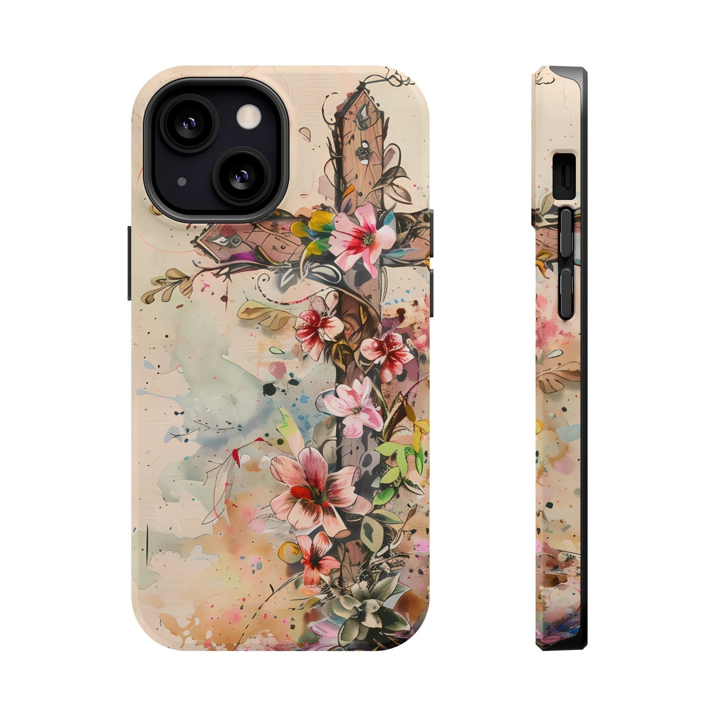 Floral Cross Watercolor - MagSafe iPhone Case, Christian Art & Wireless Charging Compatible - BOGO Cases