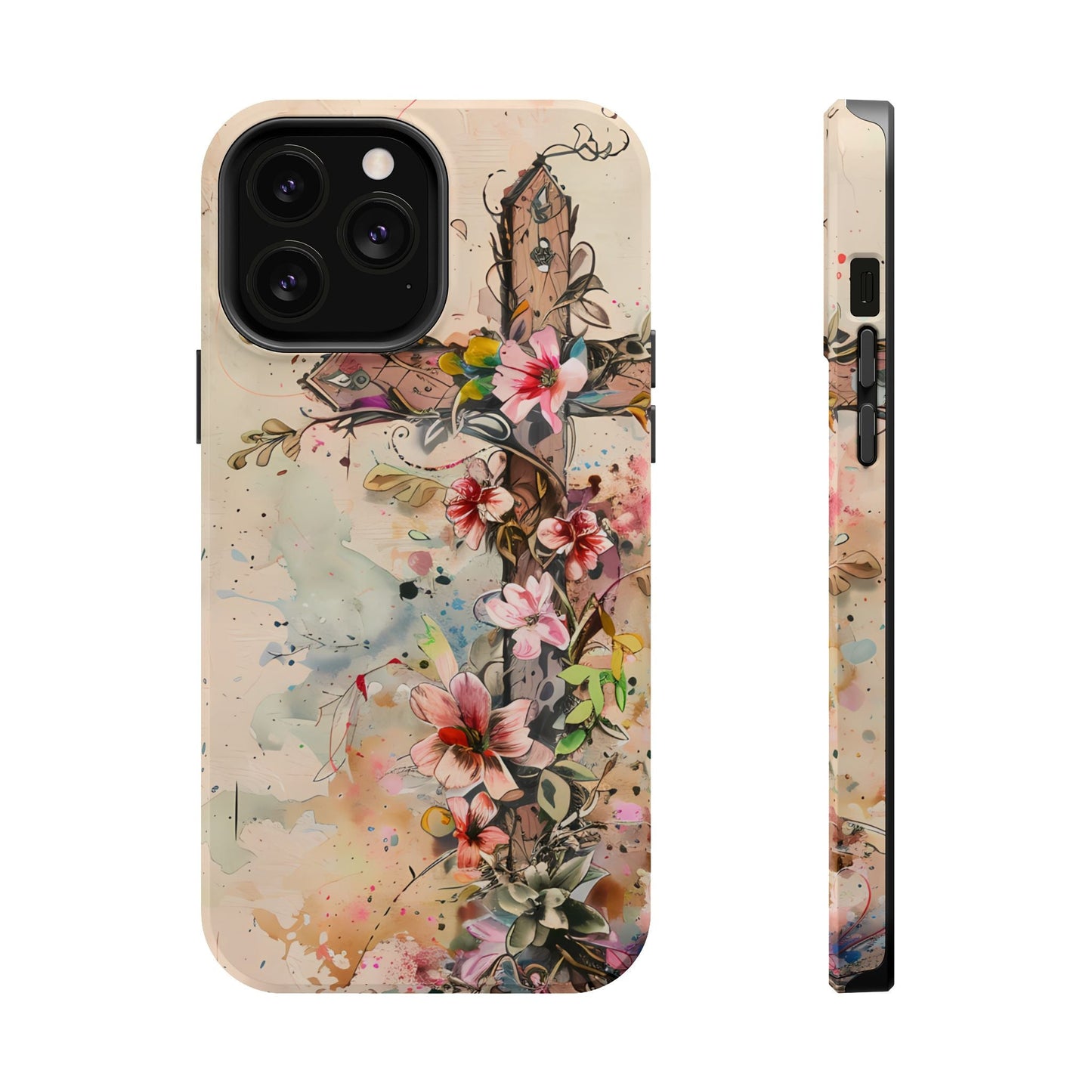 Floral Cross Watercolor - MagSafe iPhone Case, Christian Art & Wireless Charging Compatible - BOGO Cases