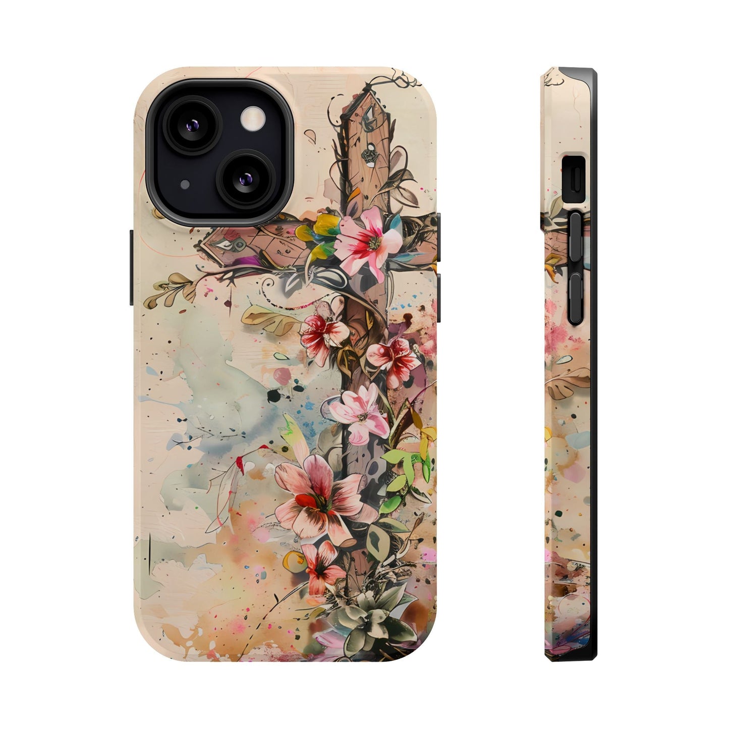Floral Cross Watercolor - MagSafe iPhone Case, Christian Art & Wireless Charging Compatible - BOGO Cases