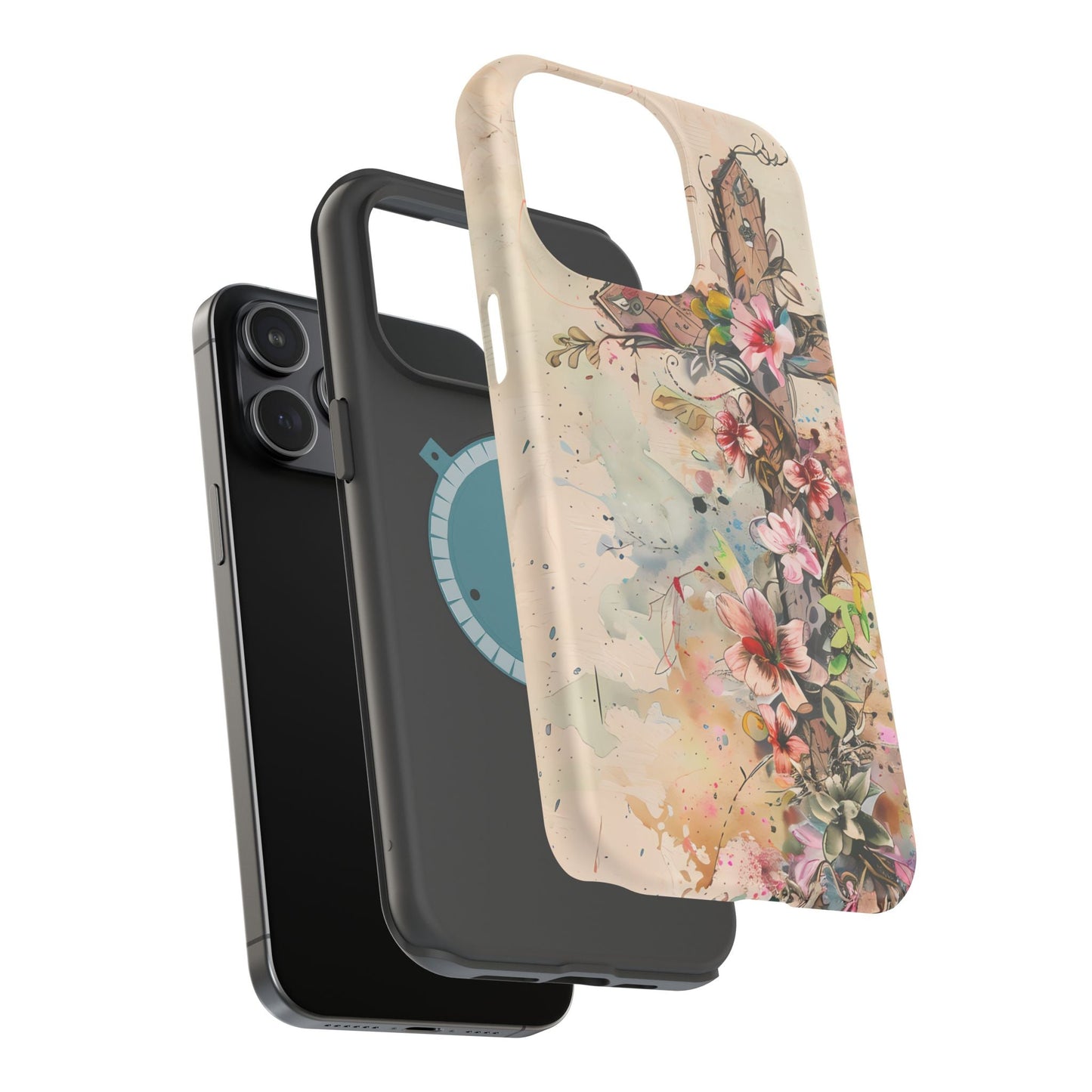 Floral Cross Watercolor - MagSafe iPhone Case, Christian Art & Wireless Charging Compatible - BOGO Cases