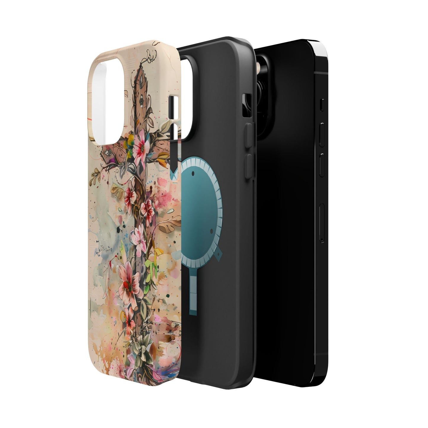 Floral Cross Watercolor - MagSafe iPhone Case, Christian Art & Wireless Charging Compatible - BOGO Cases