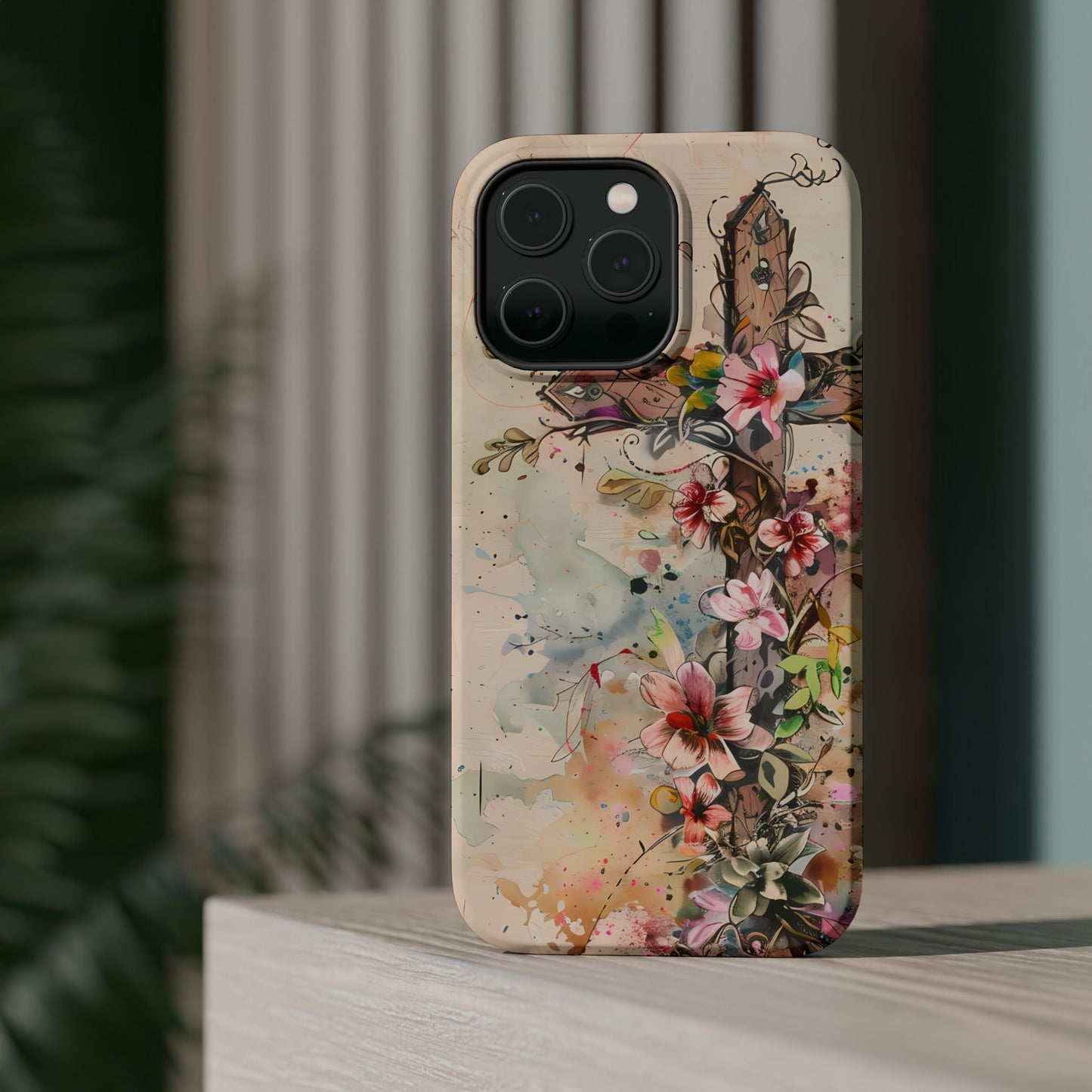 Floral Cross Watercolor - MagSafe iPhone Case, Christian Art & Wireless Charging Compatible - BOGO Cases