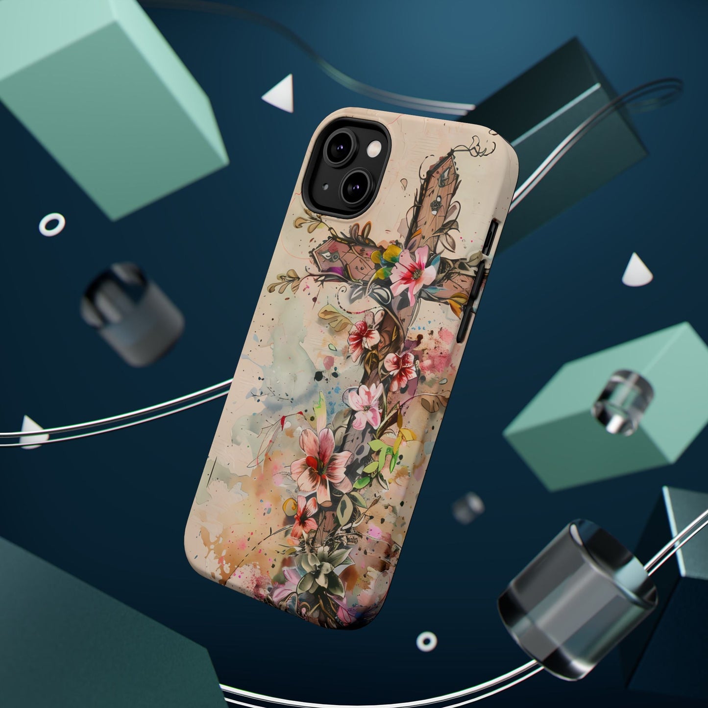 Floral Cross Watercolor - MagSafe iPhone Case, Christian Art & Wireless Charging Compatible - BOGO Cases