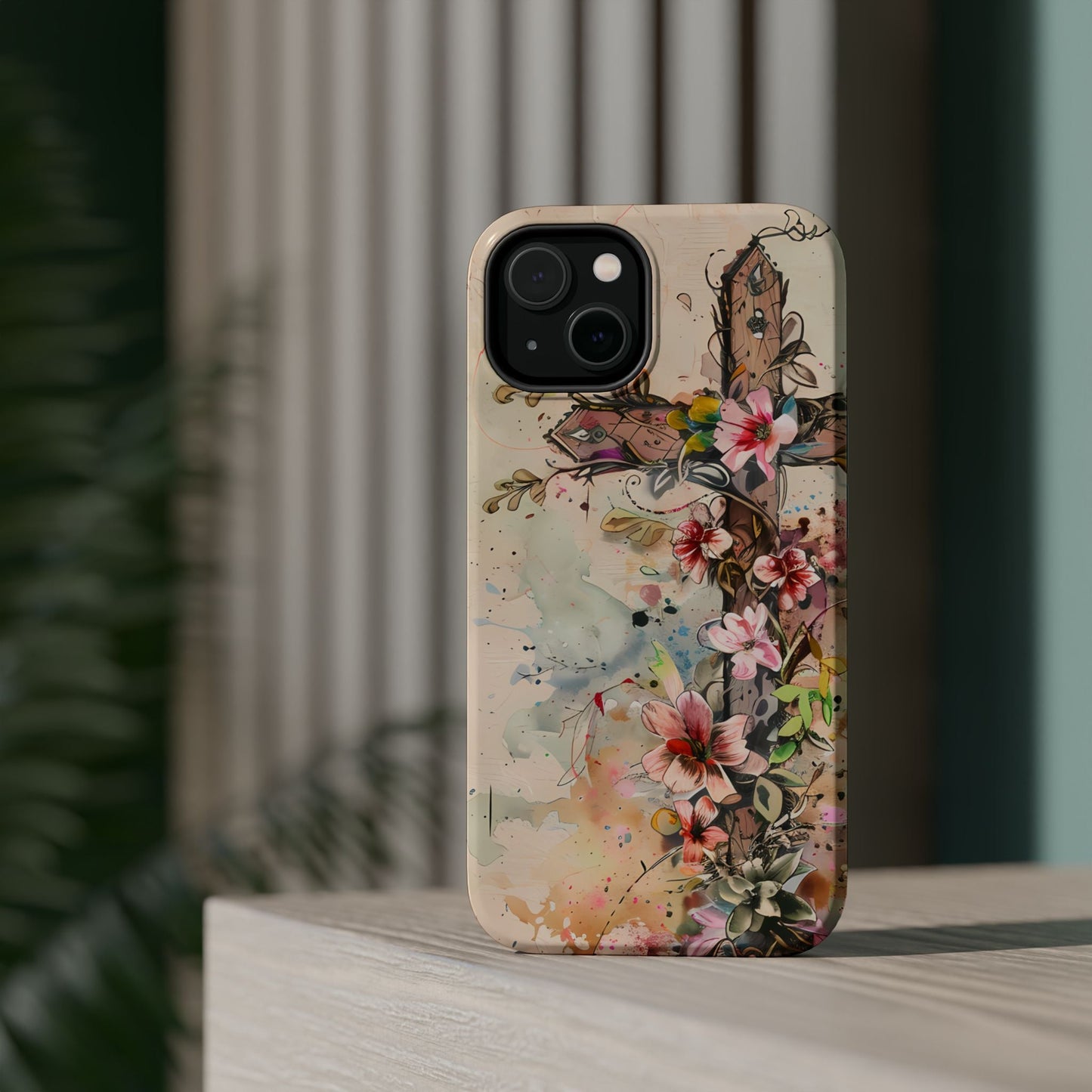 Floral Cross Watercolor - MagSafe iPhone Case, Christian Art & Wireless Charging Compatible - BOGO Cases