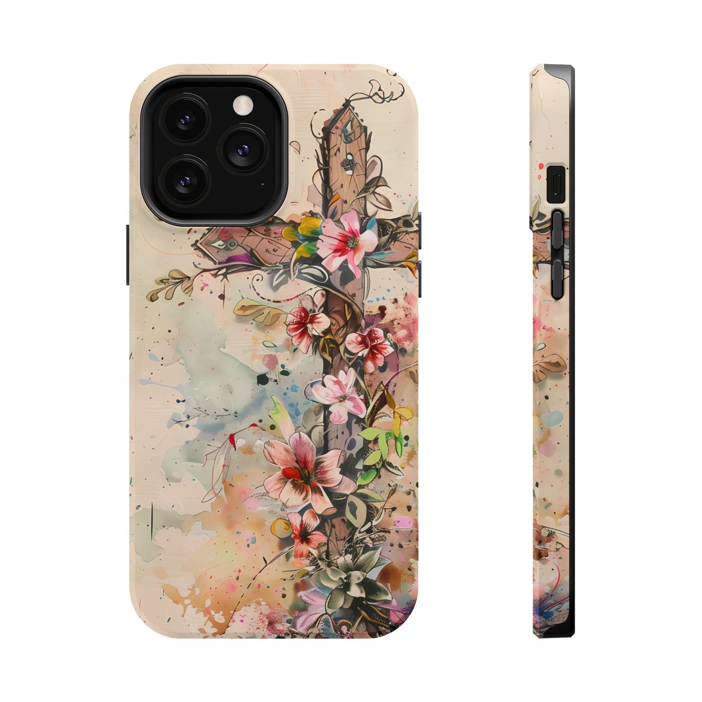 Floral Cross Watercolor - MagSafe iPhone Case, Christian Art & Wireless Charging Compatible - BOGO Cases