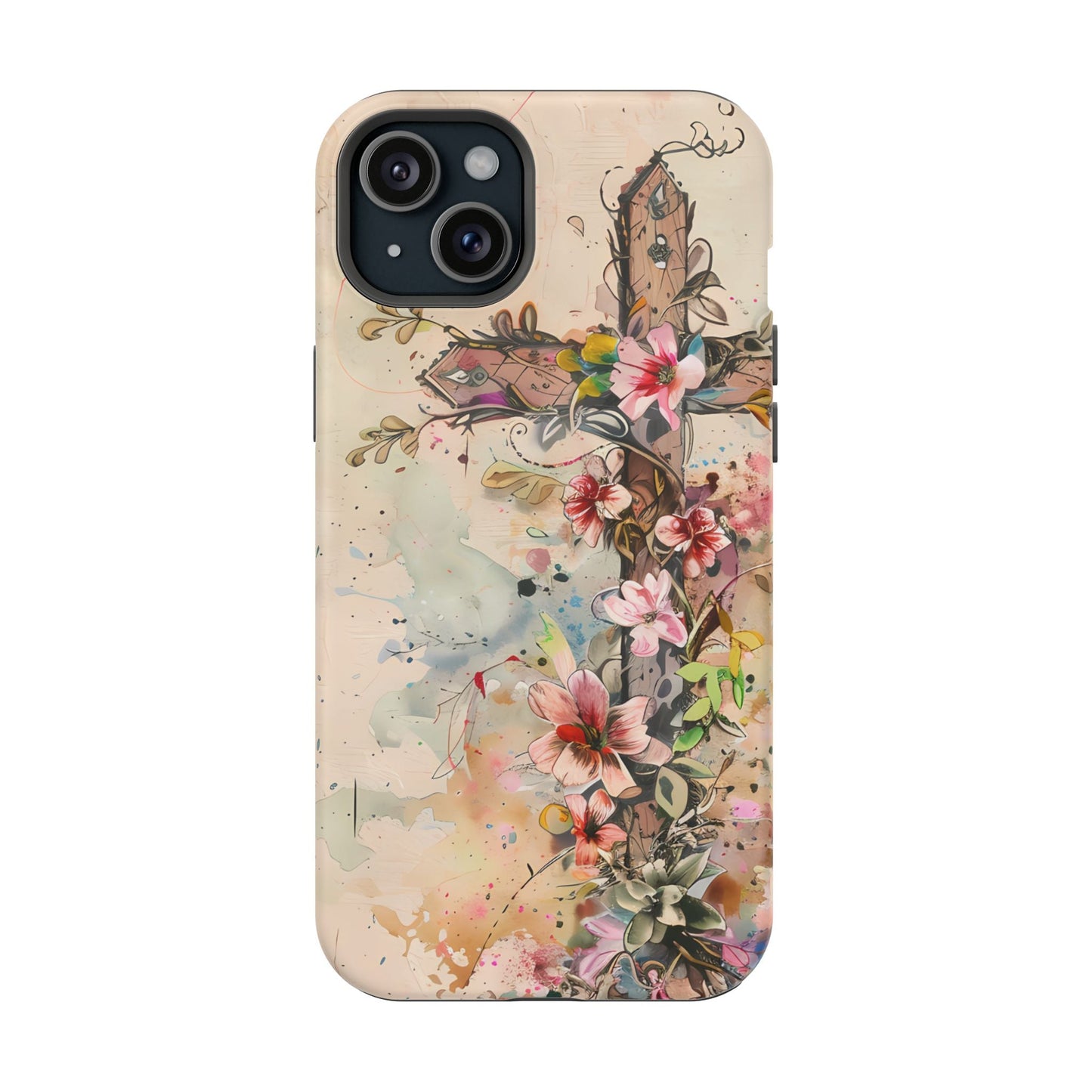 Floral Cross Watercolor - MagSafe iPhone Case, Christian Art & Wireless Charging Compatible - BOGO Cases