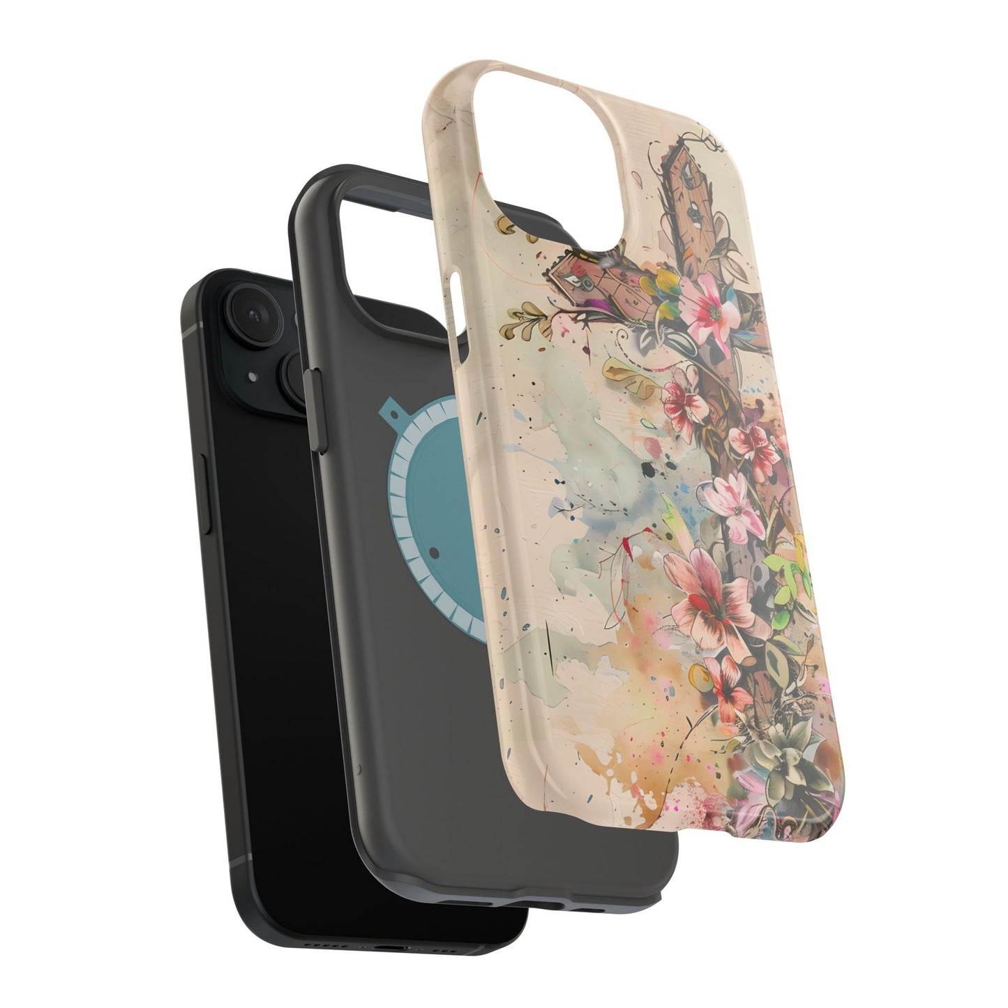 Floral Cross Watercolor - MagSafe iPhone Case, Christian Art & Wireless Charging Compatible - BOGO Cases