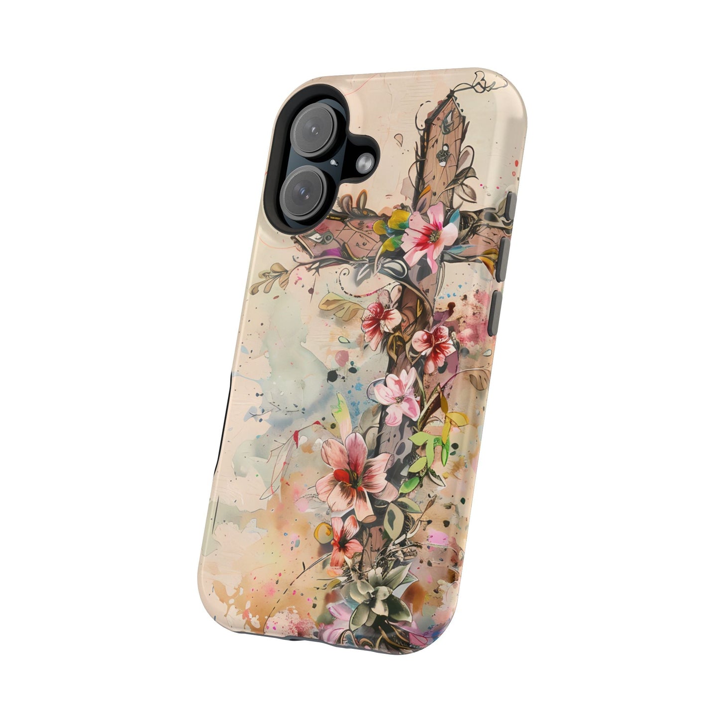 Floral Cross Watercolor - MagSafe iPhone Case, Christian Art & Wireless Charging Compatible - BOGO Cases