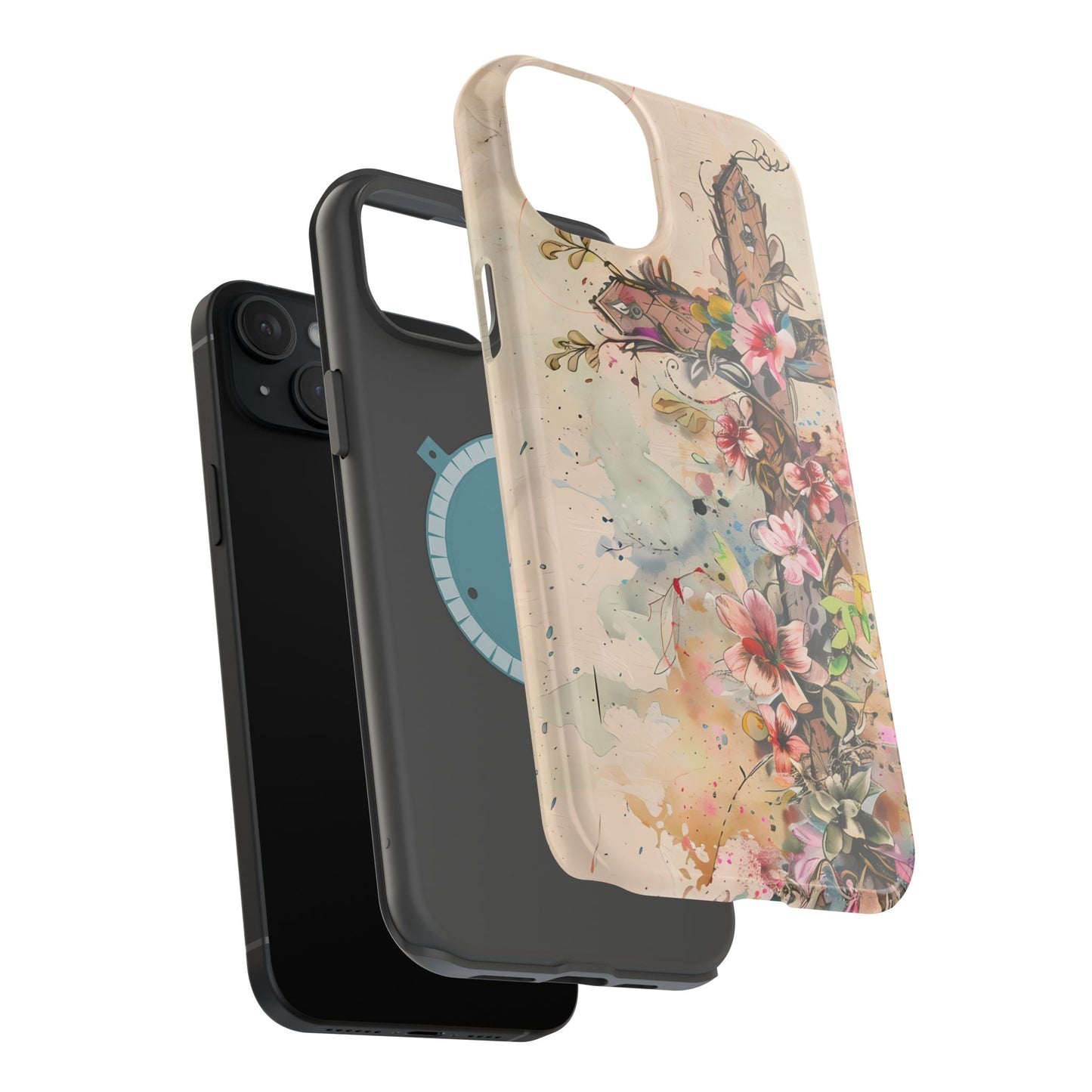 Floral Cross Watercolor - MagSafe iPhone Case, Christian Art & Wireless Charging Compatible - BOGO Cases