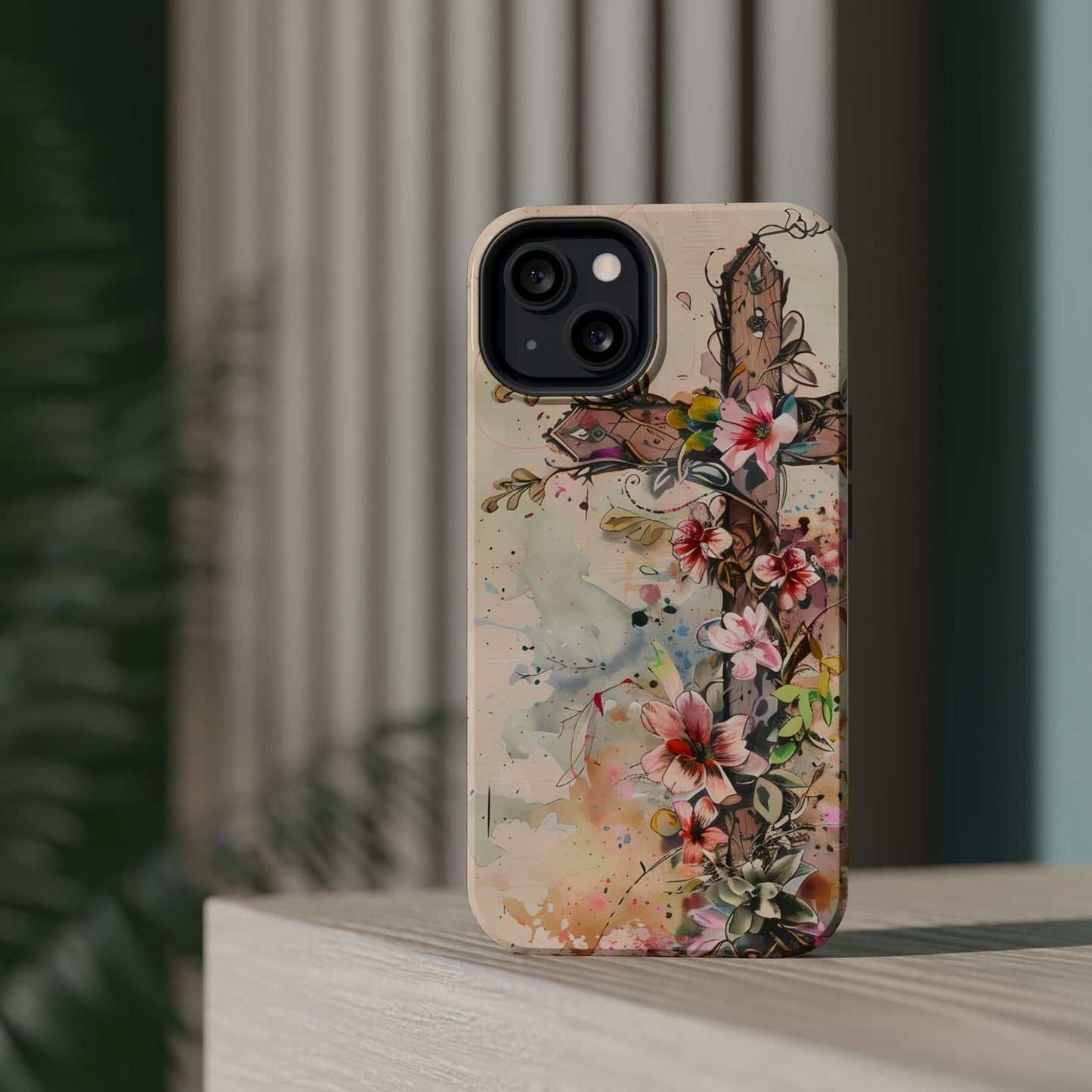 Floral Cross Watercolor - MagSafe iPhone Case, Christian Art & Wireless Charging Compatible - BOGO Cases