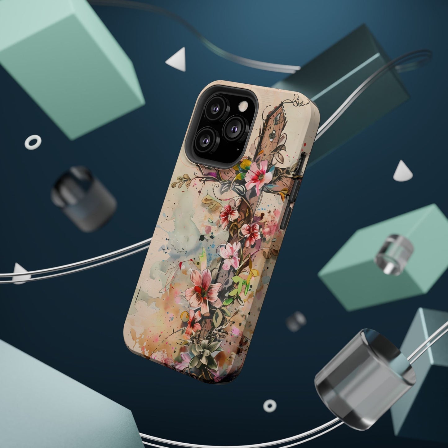Floral Cross Watercolor - MagSafe iPhone Case, Christian Art & Wireless Charging Compatible - BOGO Cases