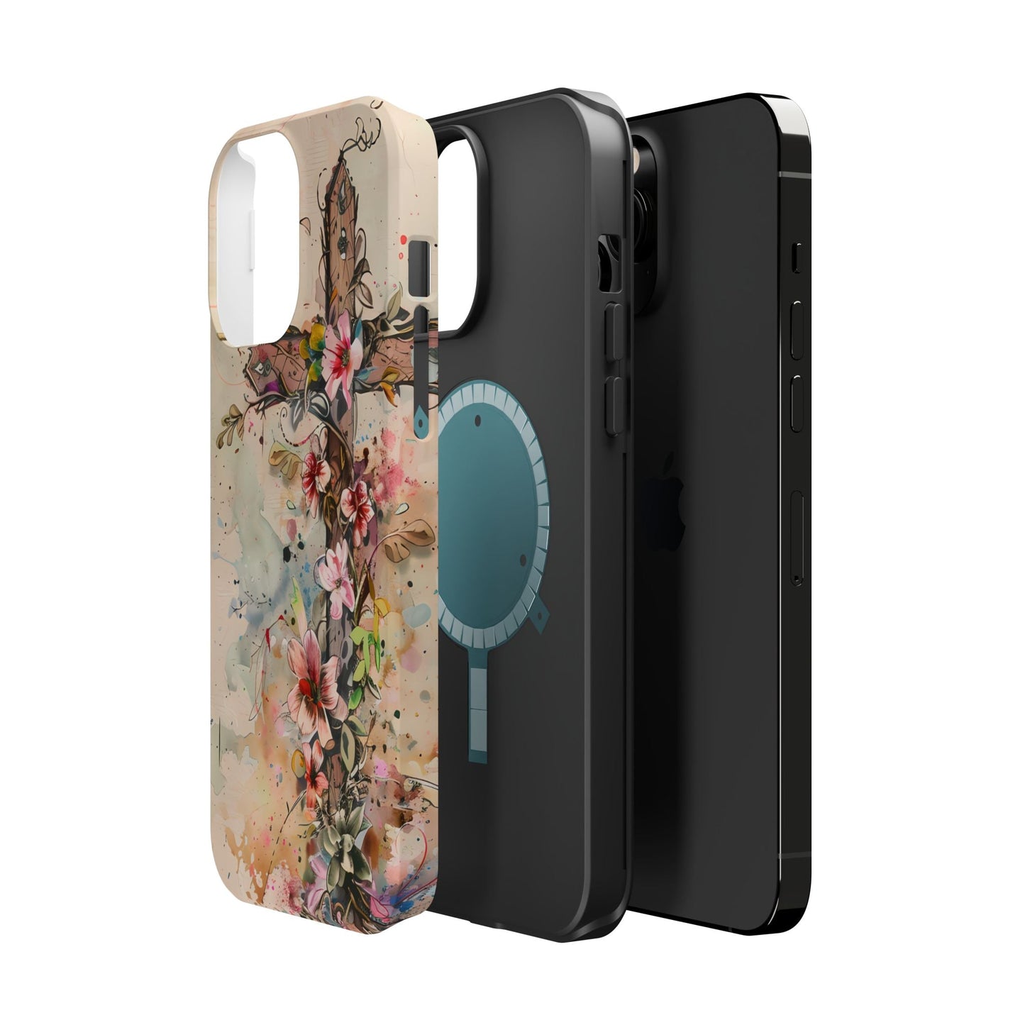 Floral Cross Watercolor - MagSafe iPhone Case, Christian Art & Wireless Charging Compatible - BOGO Cases