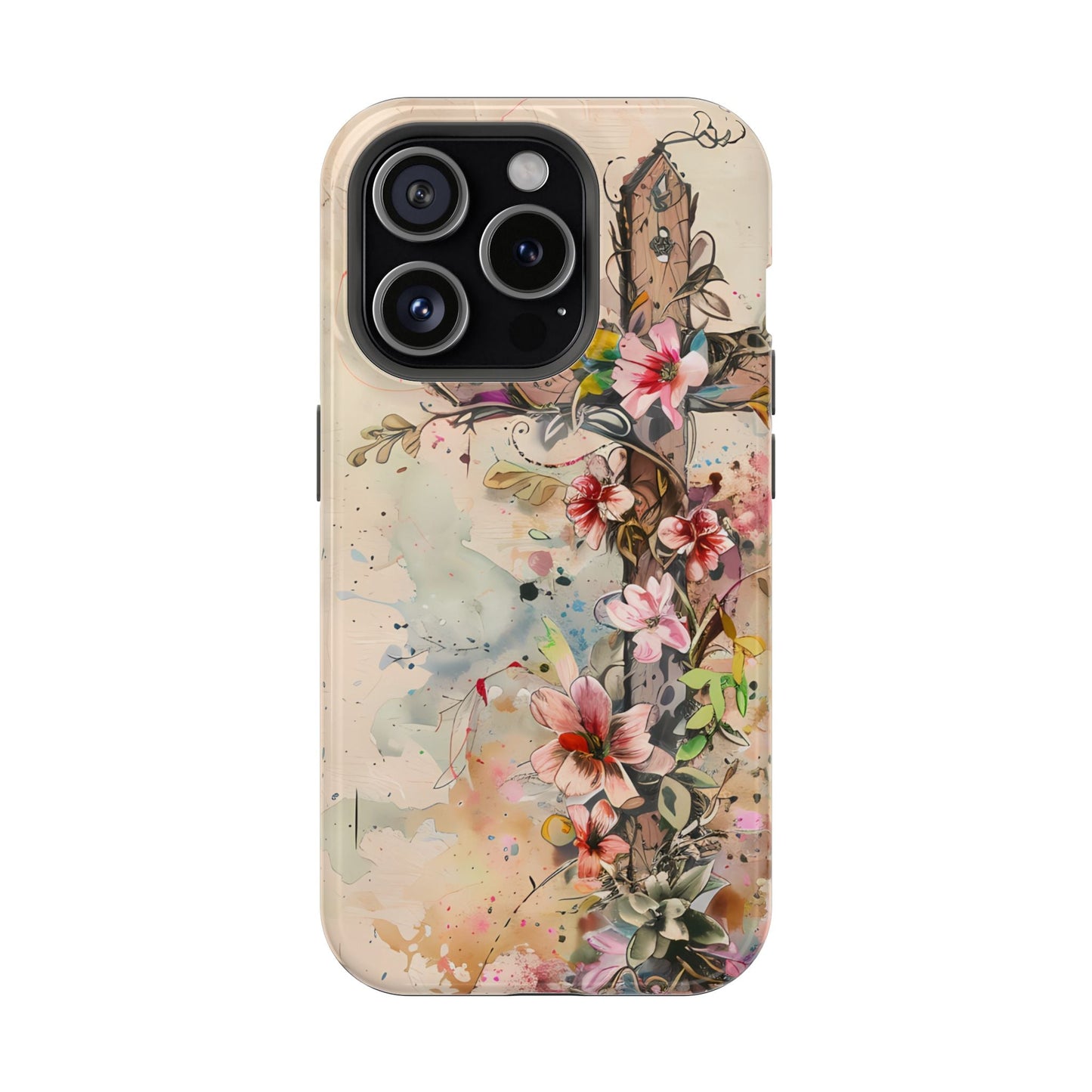 Floral Cross Watercolor - MagSafe iPhone Case, Christian Art & Wireless Charging Compatible - BOGO Cases