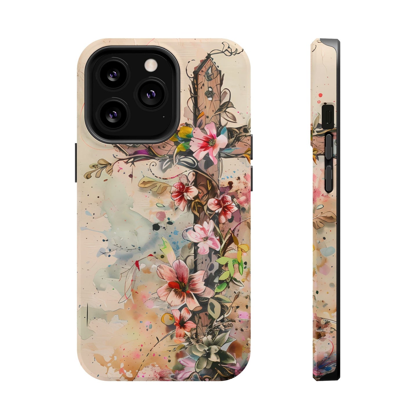 Floral Cross Watercolor - MagSafe iPhone Case, Christian Art & Wireless Charging Compatible - BOGO Cases