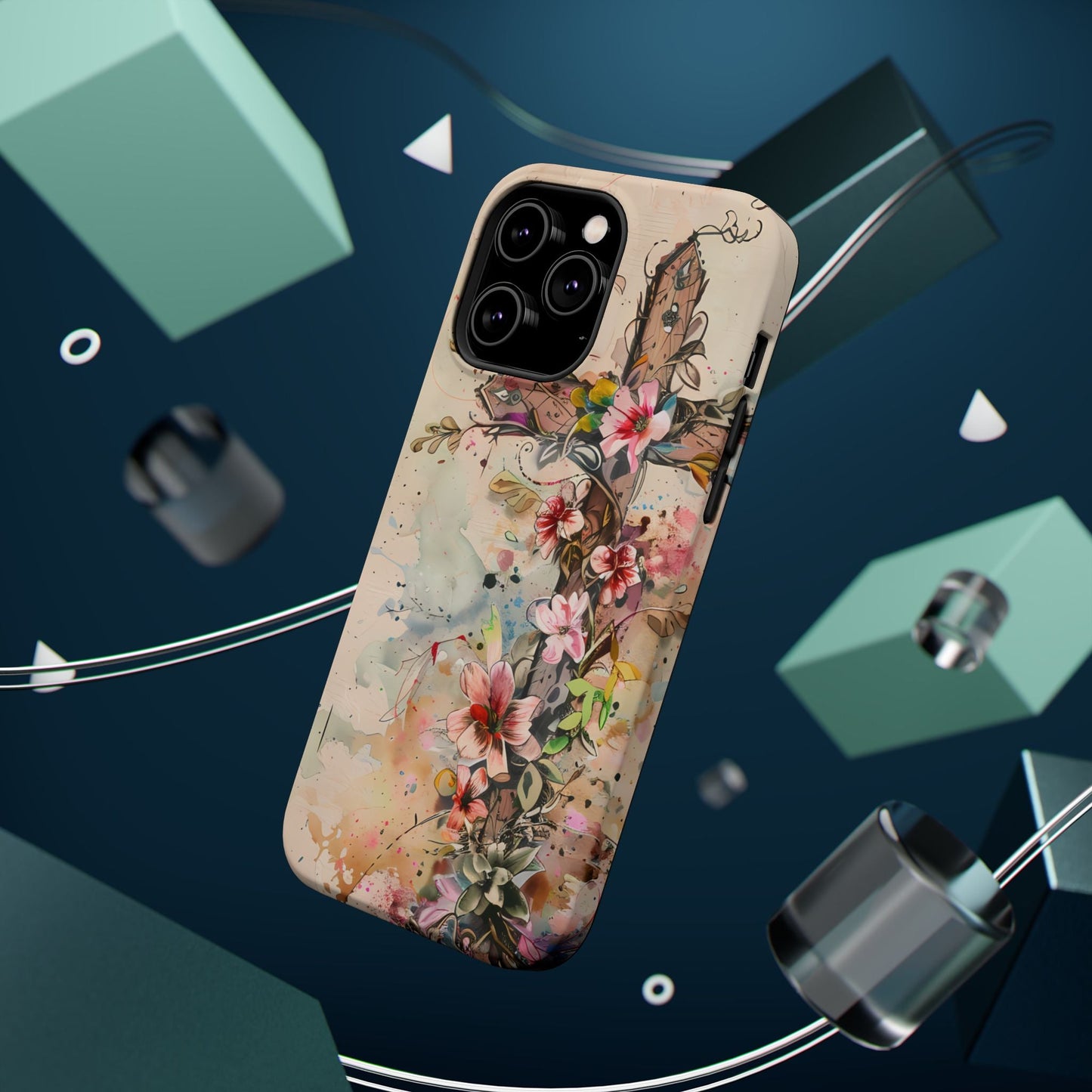 Floral Cross Watercolor - MagSafe iPhone Case, Christian Art & Wireless Charging Compatible - BOGO Cases