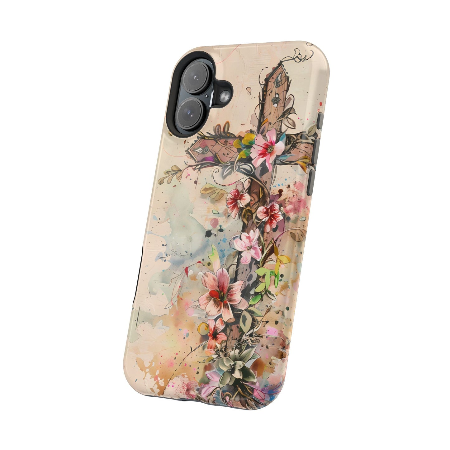 Floral Cross Watercolor - MagSafe iPhone Case, Christian Art & Wireless Charging Compatible - BOGO Cases