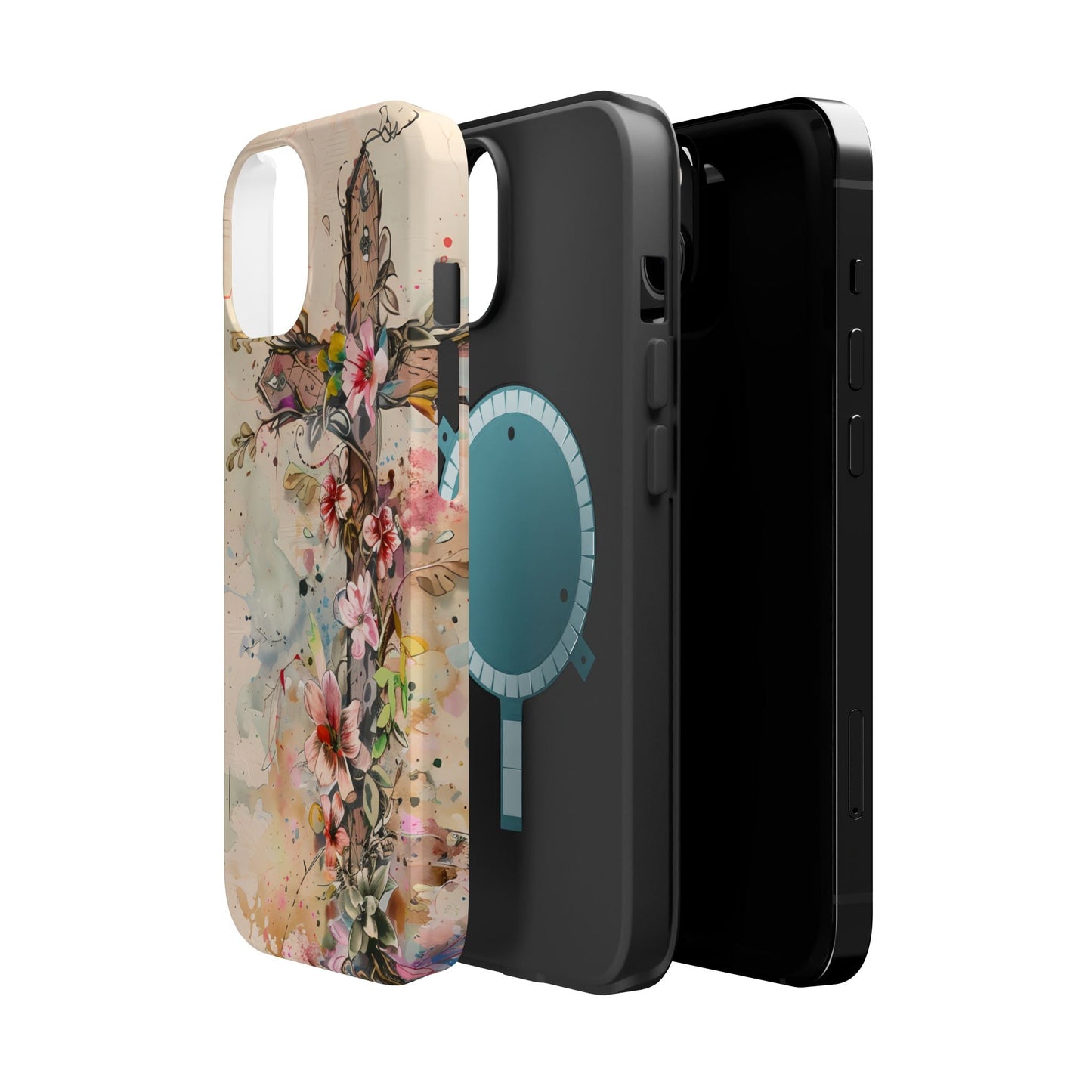 Floral Cross Watercolor - MagSafe iPhone Case, Christian Art & Wireless Charging Compatible - BOGO Cases