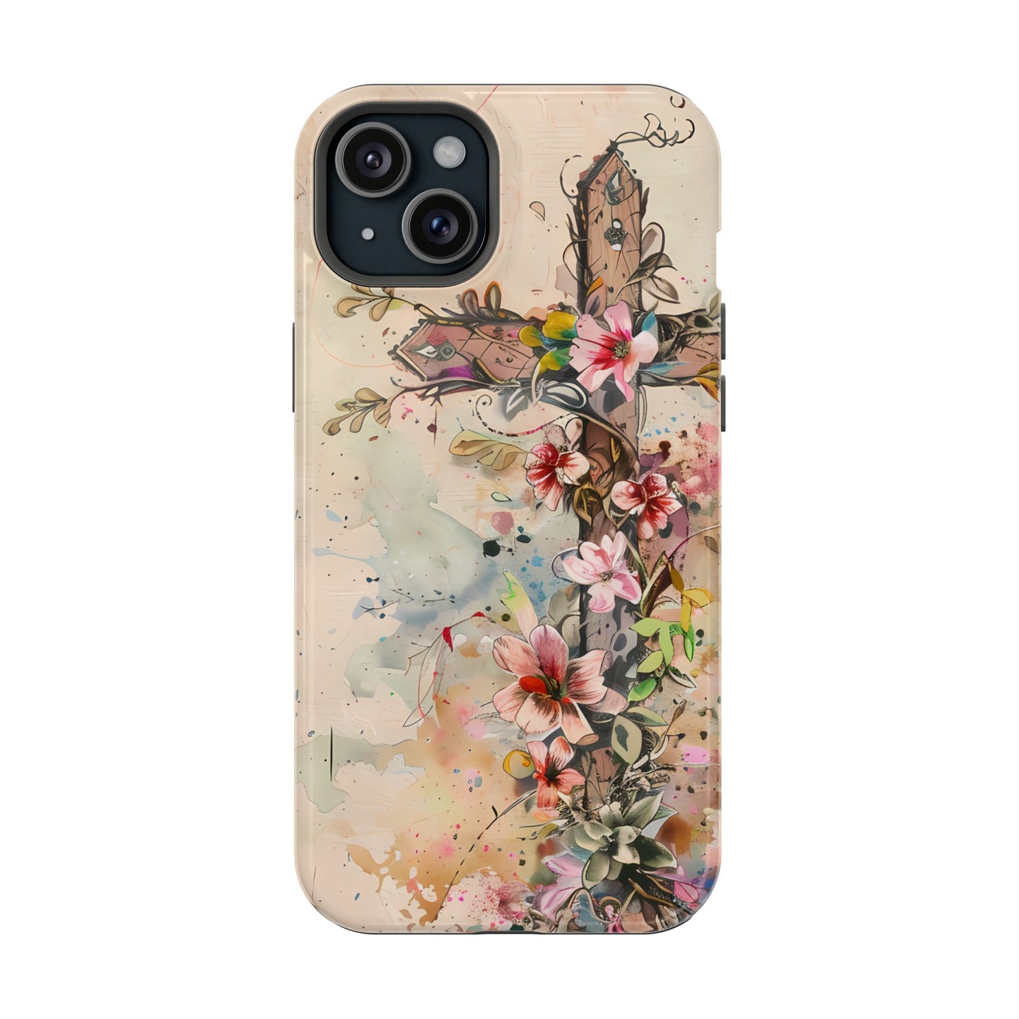 Floral Cross Watercolor - MagSafe iPhone Case, Christian Art & Wireless Charging Compatible - BOGO Cases