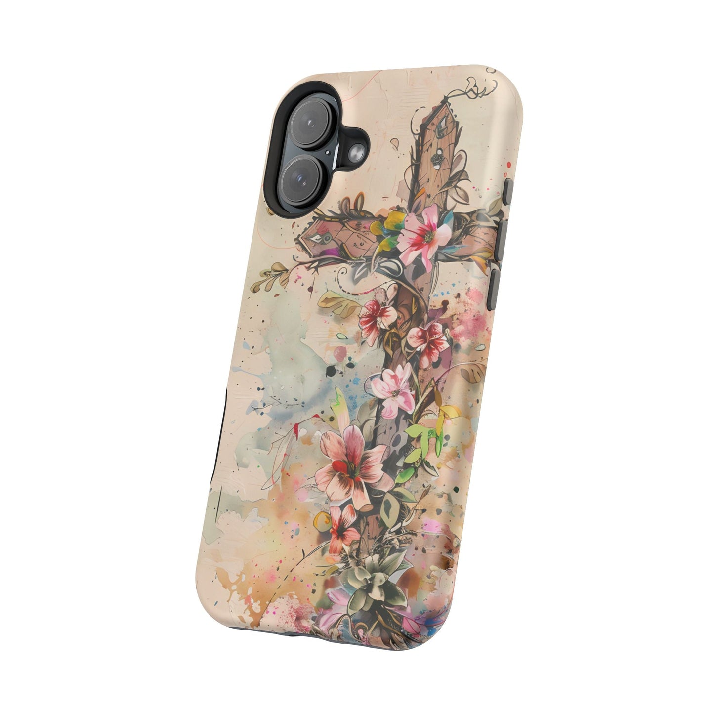Floral Cross Watercolor - MagSafe iPhone Case, Christian Art & Wireless Charging Compatible - BOGO Cases