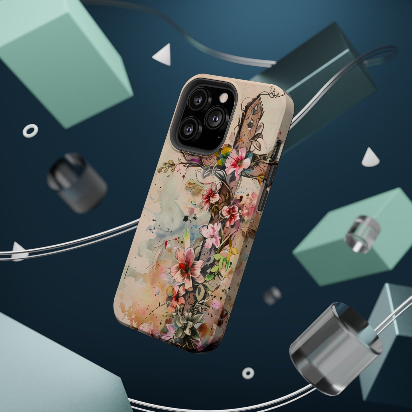 Floral Cross Watercolor - MagSafe iPhone Case, Christian Art & Wireless Charging Compatible - BOGO Cases