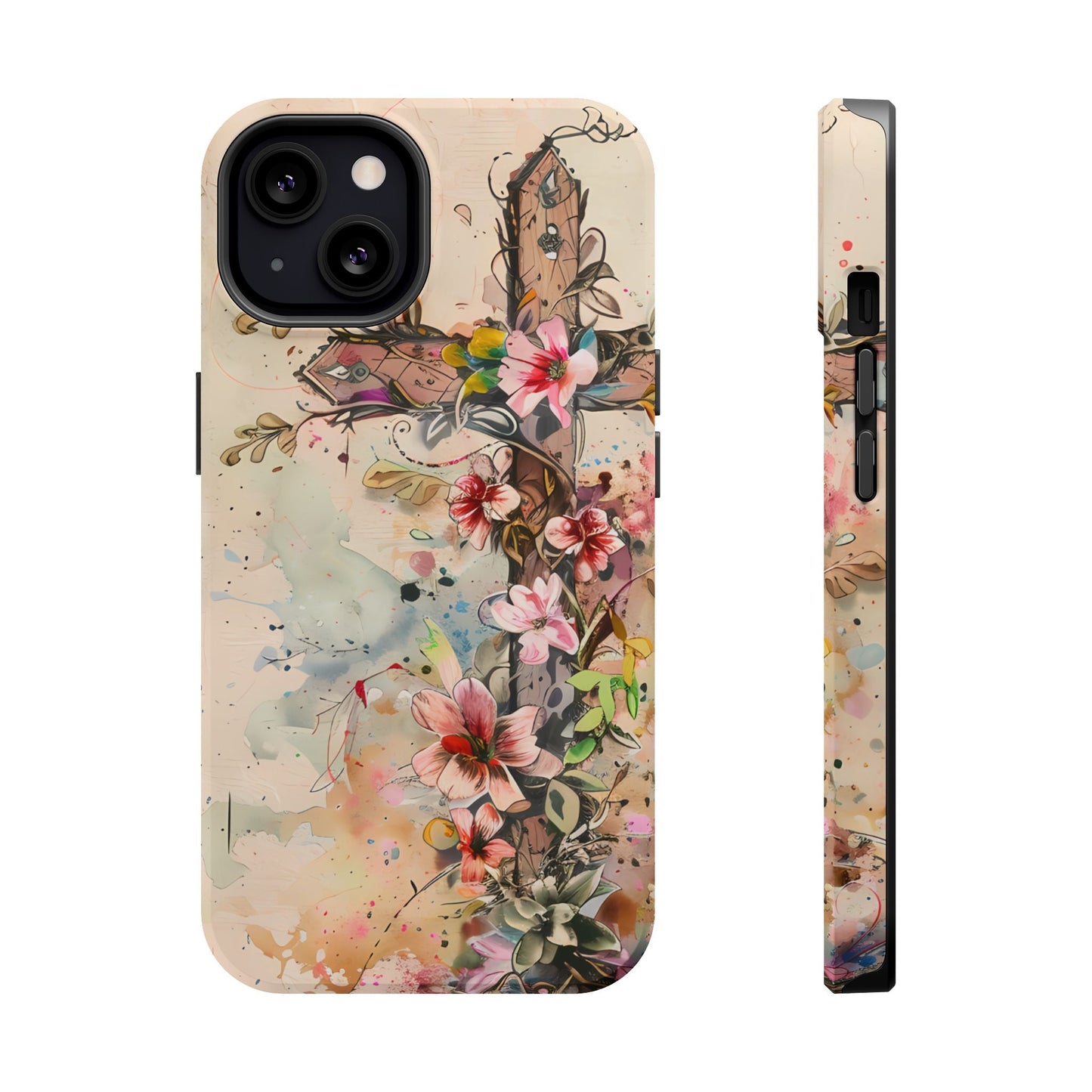 Floral Cross Watercolor - MagSafe iPhone Case, Christian Art & Wireless Charging Compatible - BOGO Cases
