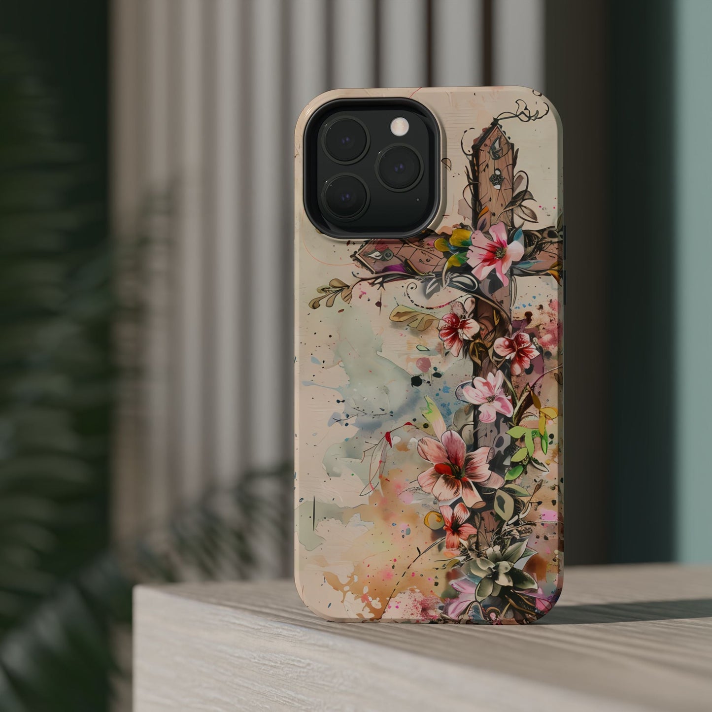 Floral Cross Watercolor - MagSafe iPhone Case, Christian Art & Wireless Charging Compatible - BOGO Cases