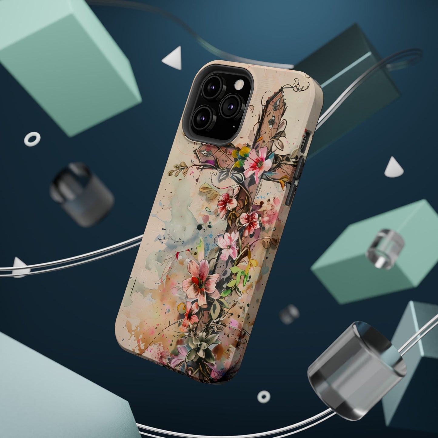 Floral Cross Watercolor - MagSafe iPhone Case, Christian Art & Wireless Charging Compatible - BOGO Cases